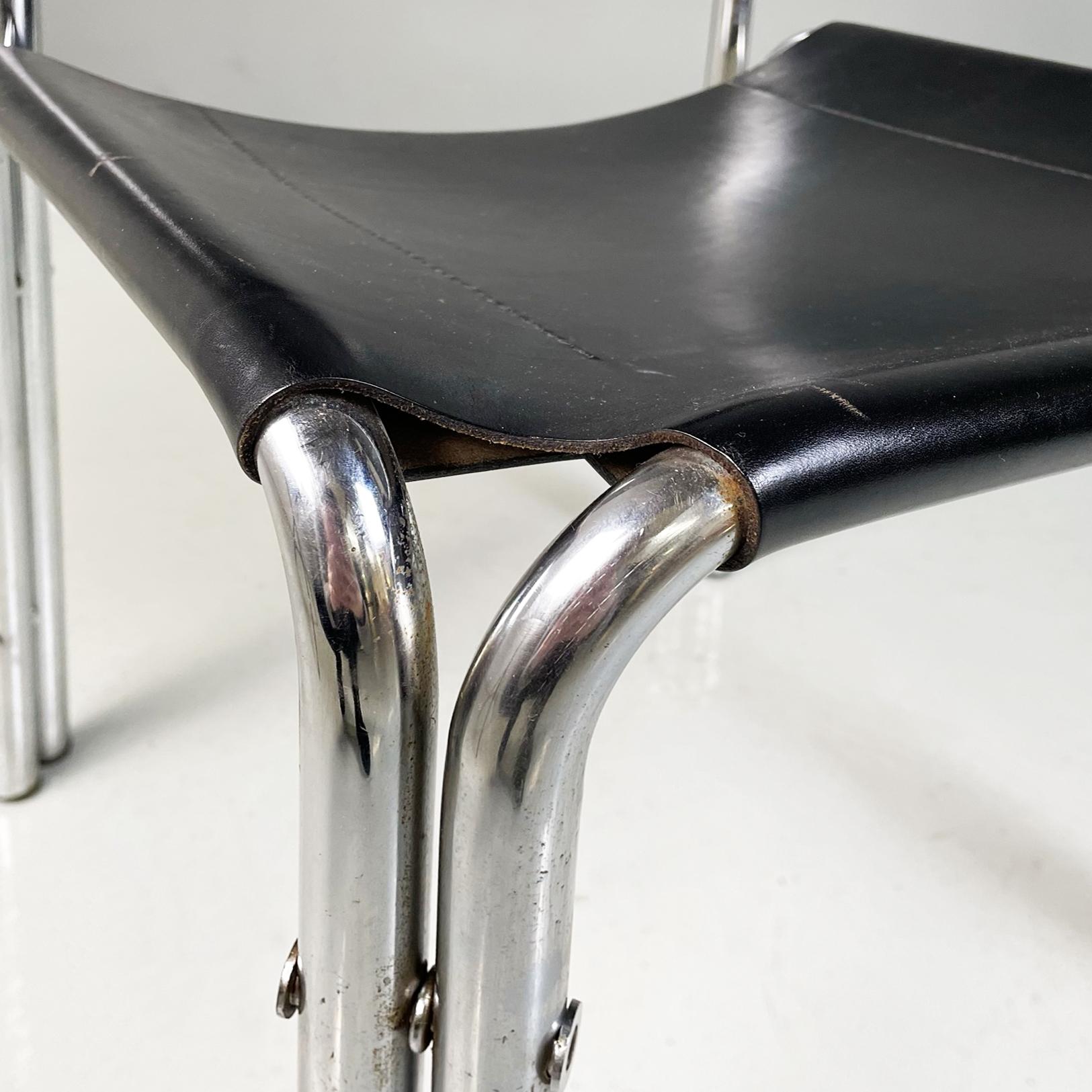 Moderne italienische Stühle aus schwarzem Leder und Metallrohr, 1980er Jahre im Angebot 8