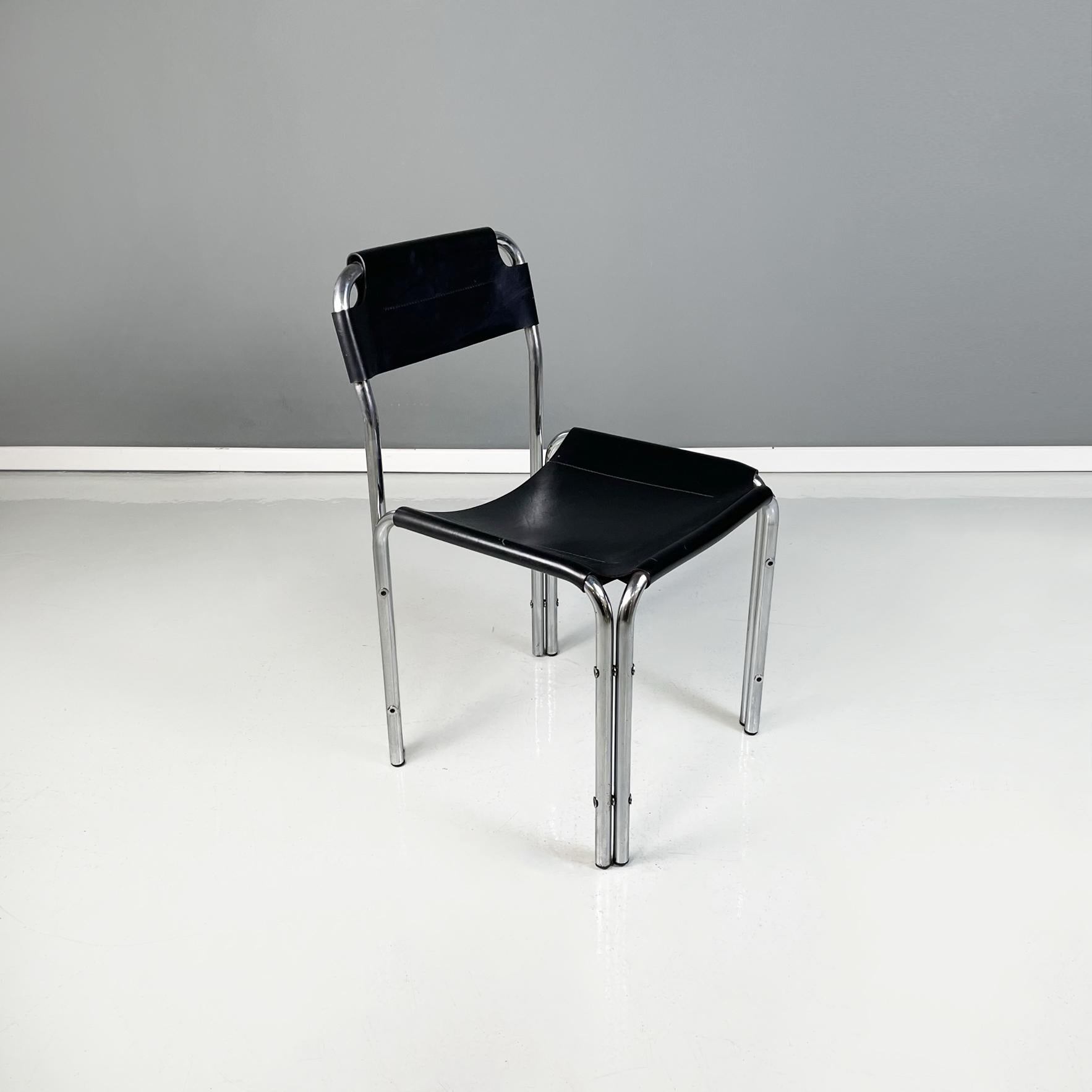 Moderne italienische Stühle aus schwarzem Leder und Metallrohr, 1980er Jahre im Zustand „Gut“ im Angebot in MIlano, IT