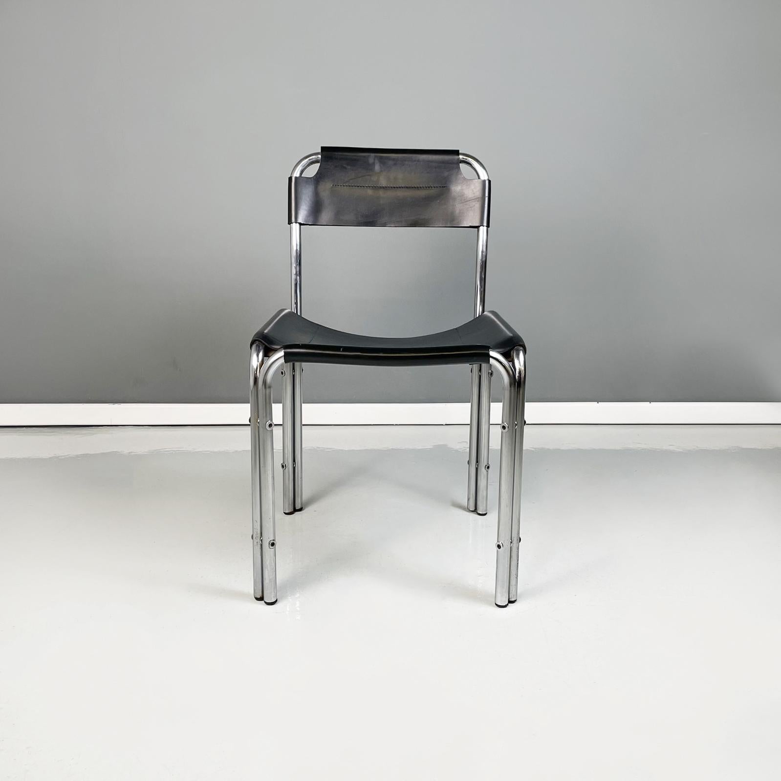 Late 20th Century Italian modern Chairs in black leather and tubular metal, 1980s For Sale