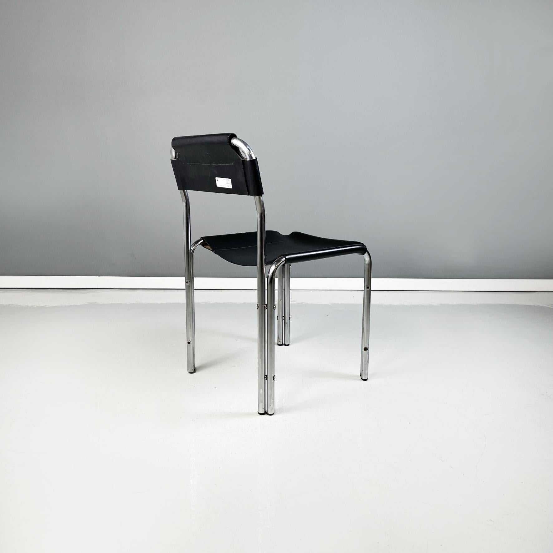 Moderne italienische Stühle aus schwarzem Leder und Metallrohr, 1980er Jahre im Angebot 2