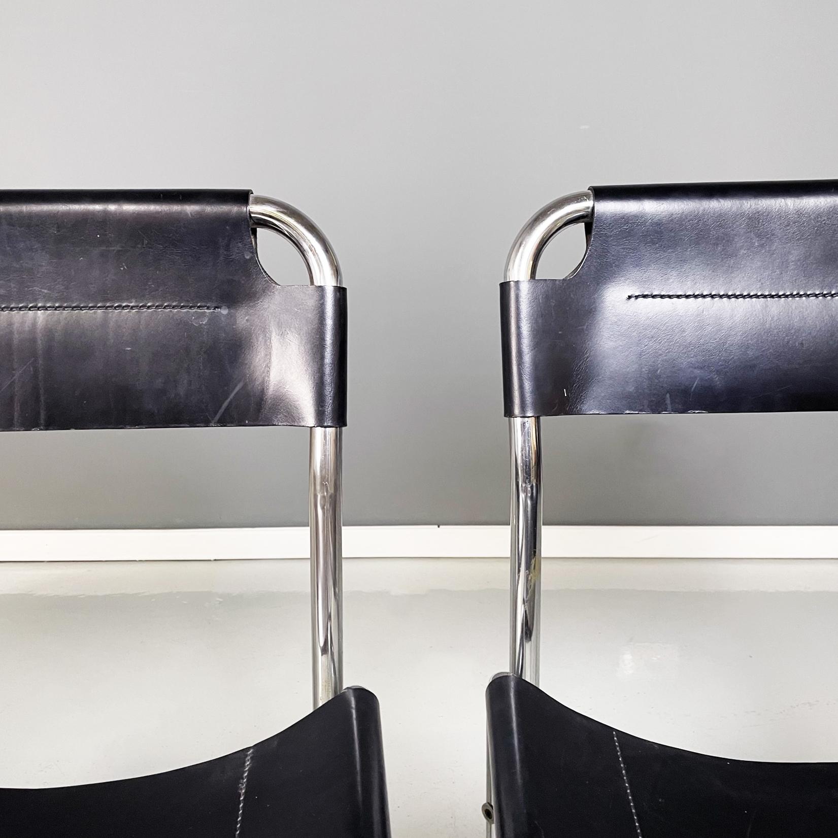 Italian modern Chairs in black leather and tubular metal, 1980s For Sale 3