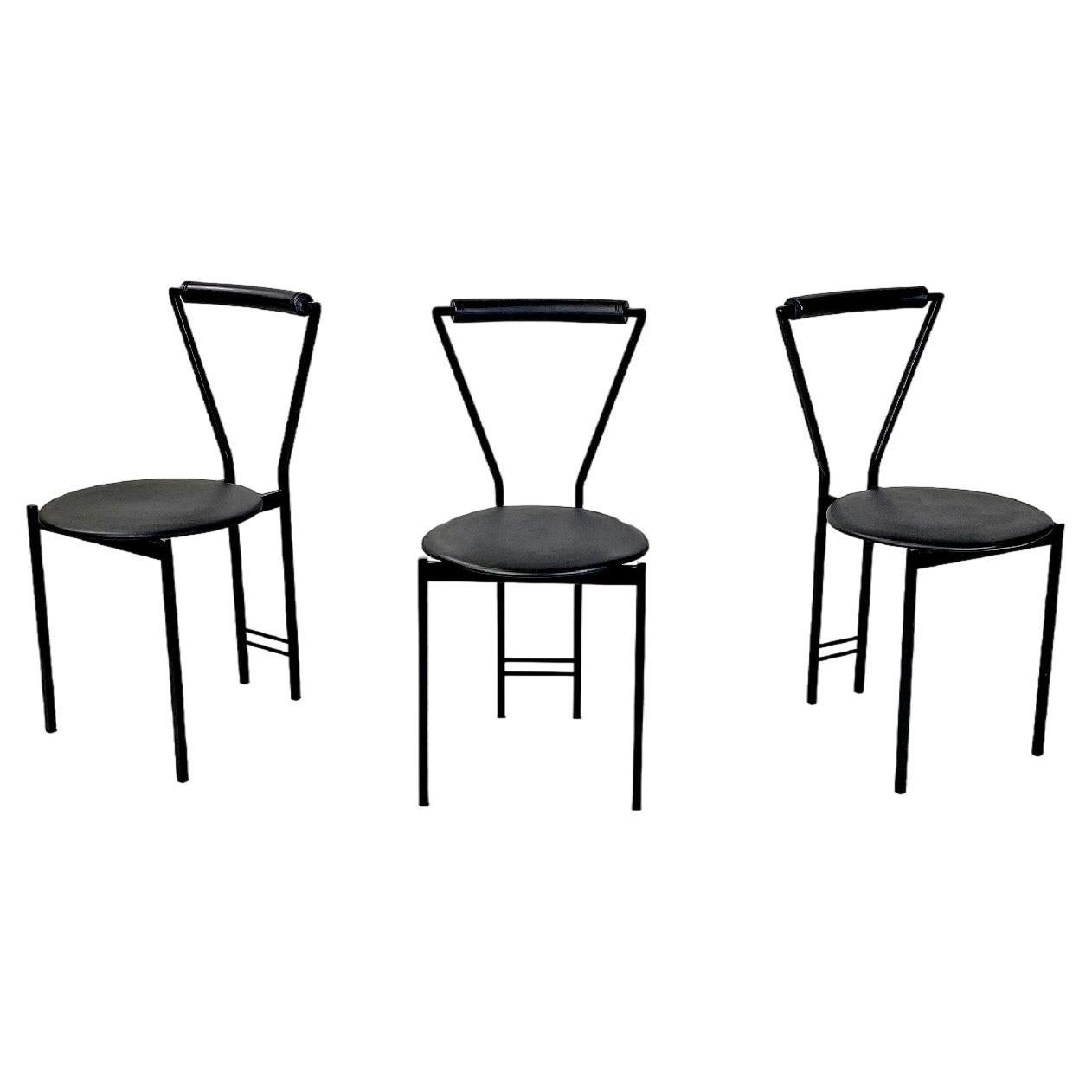 Italian modern chairs in black metal and rubber, 1980s For Sale