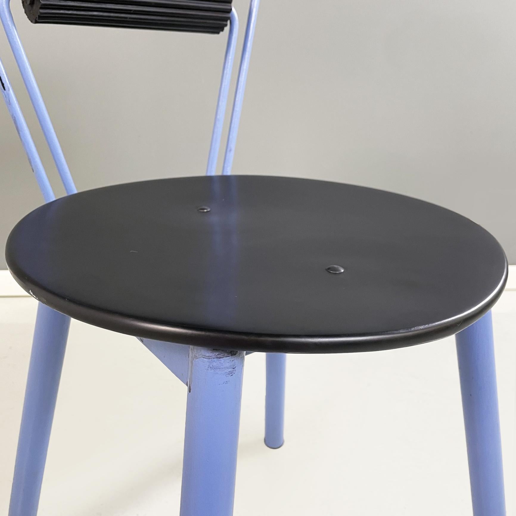 Italian modern Chairs in blue metal, black wood and black rubber, 1980s For Sale 8