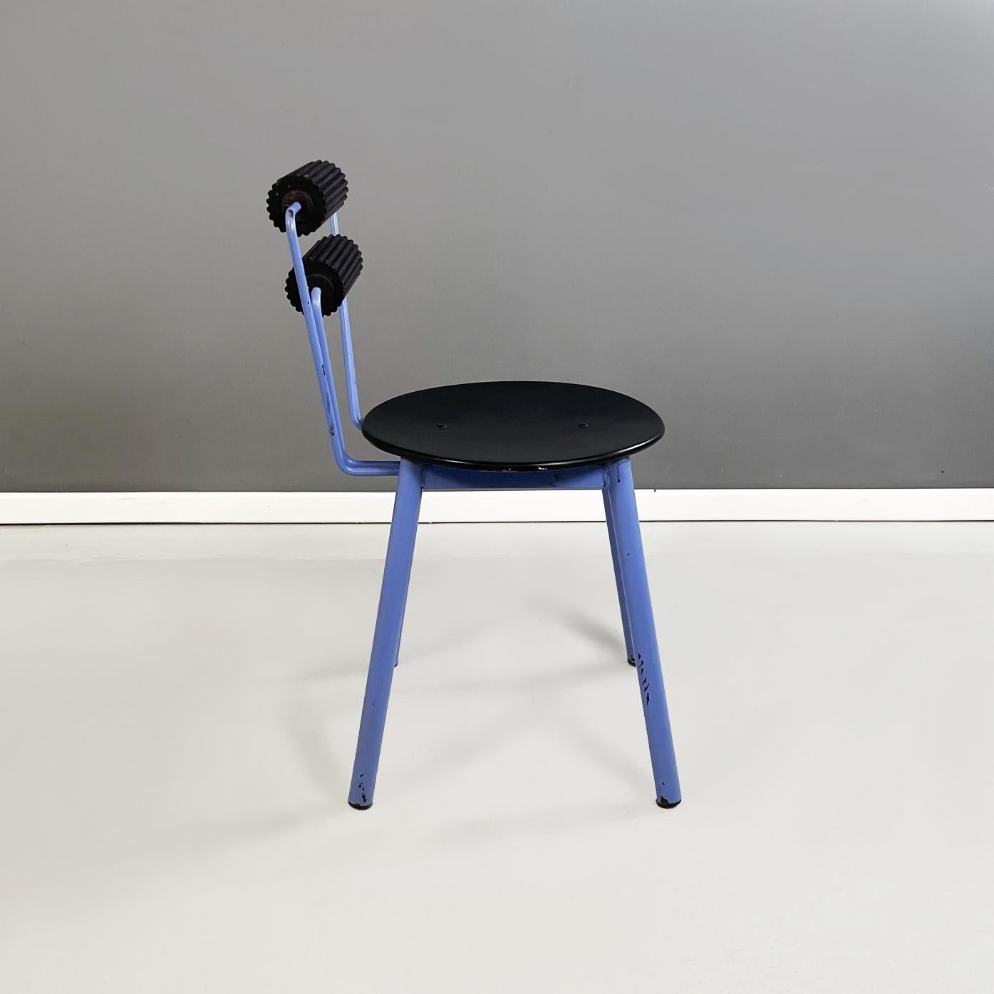 Italian modern Chairs in blue metal, black wood and black rubber, 1980s In Fair Condition For Sale In MIlano, IT