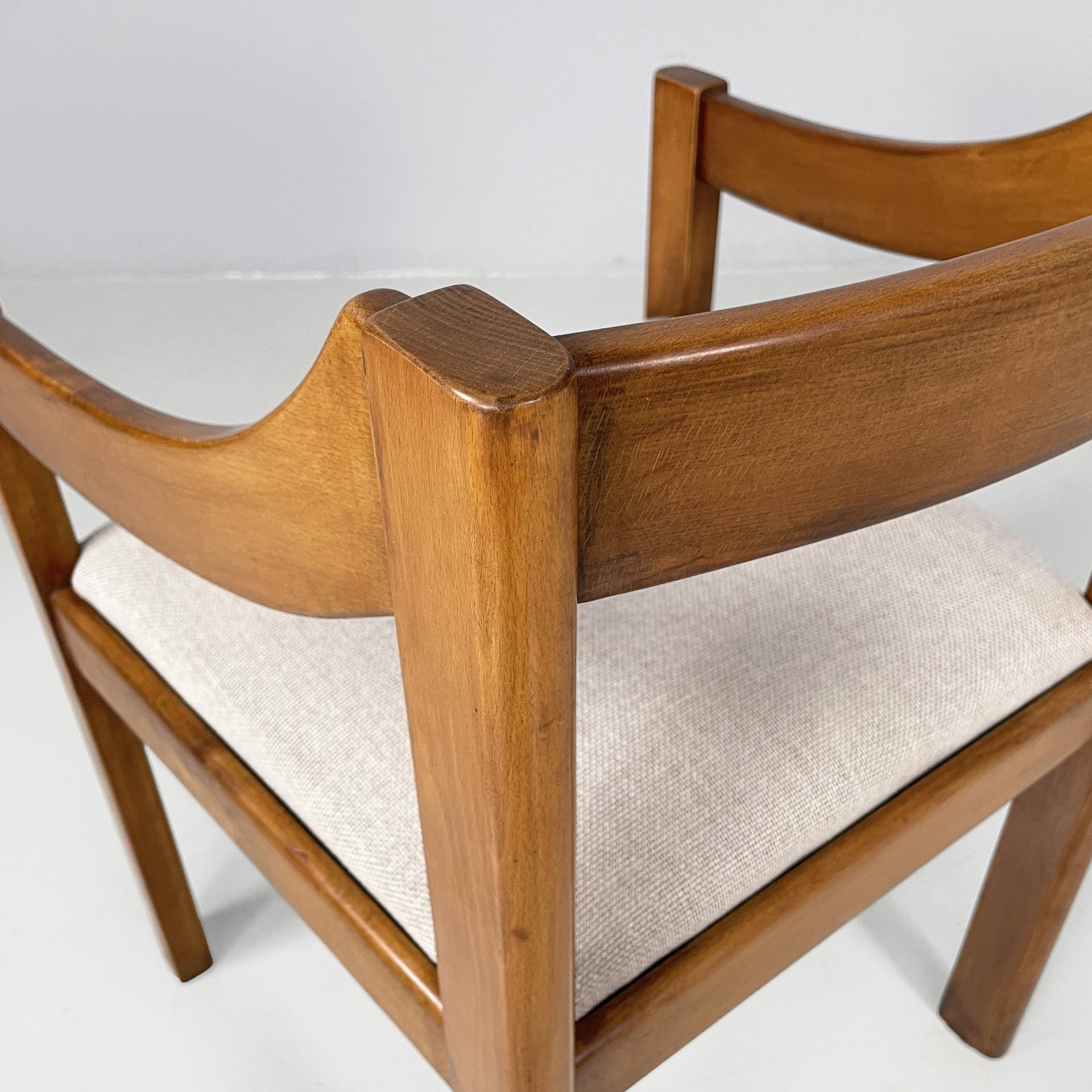 Italian modern chairs with armrest in wood and beige fabric, 1970s For Sale 6