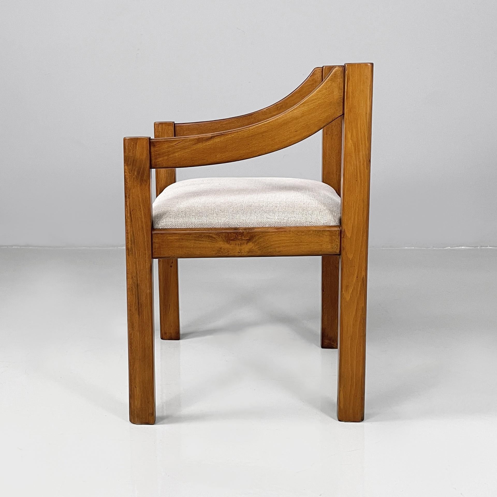 Modern Italian modern chairs with armrest in wood and beige fabric, 1970s For Sale