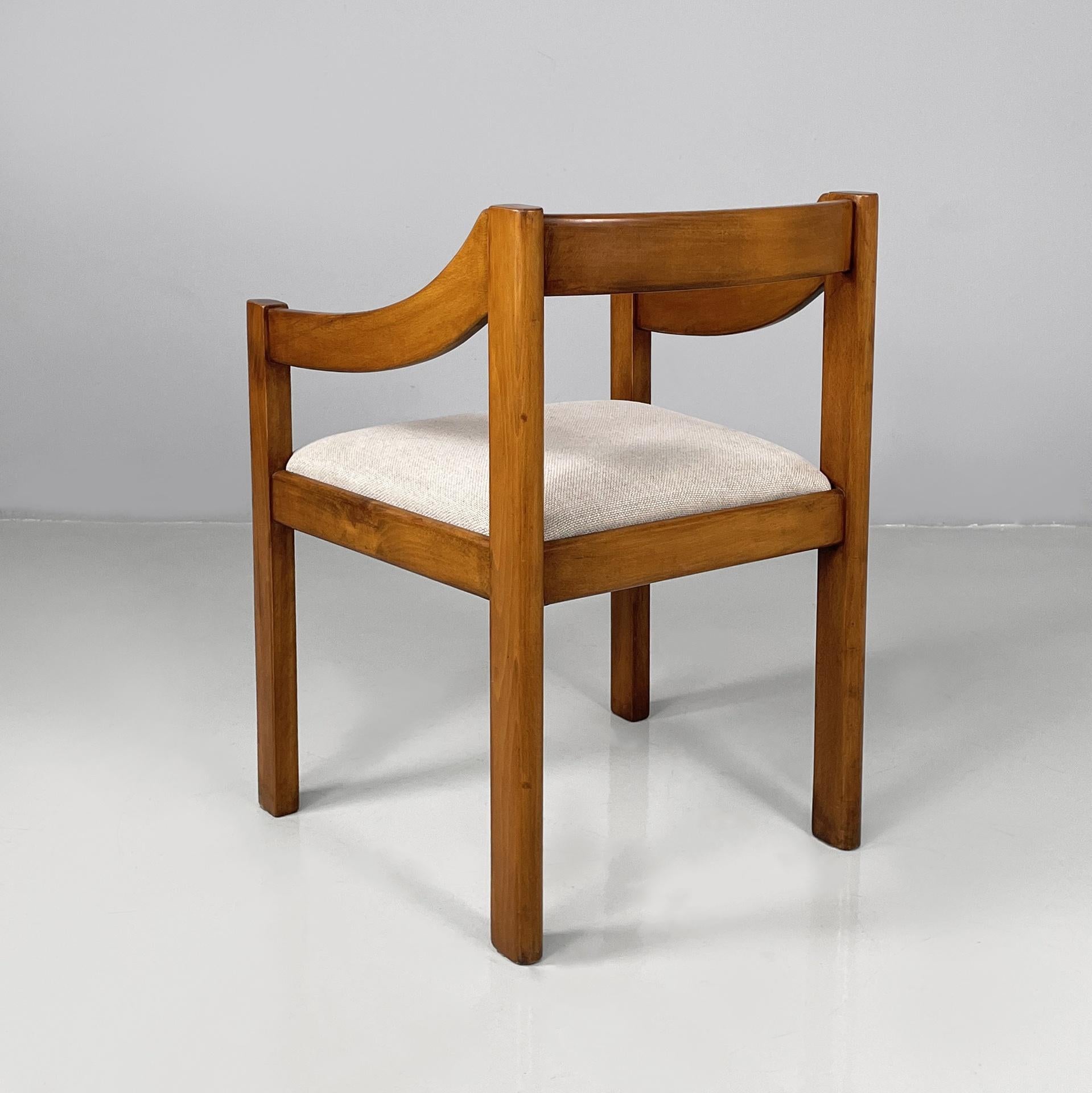 Italian modern chairs with armrest in wood and beige fabric, 1970s In Good Condition For Sale In MIlano, IT