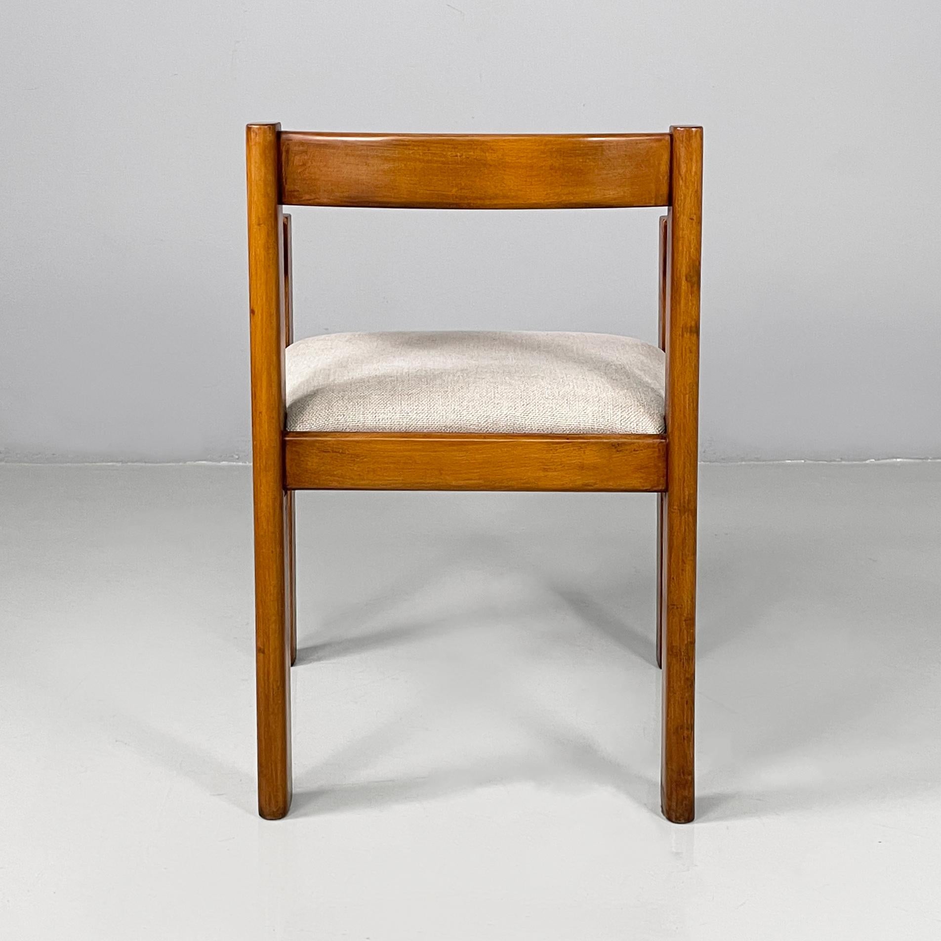 Late 20th Century Italian modern chairs with armrest in wood and beige fabric, 1970s For Sale