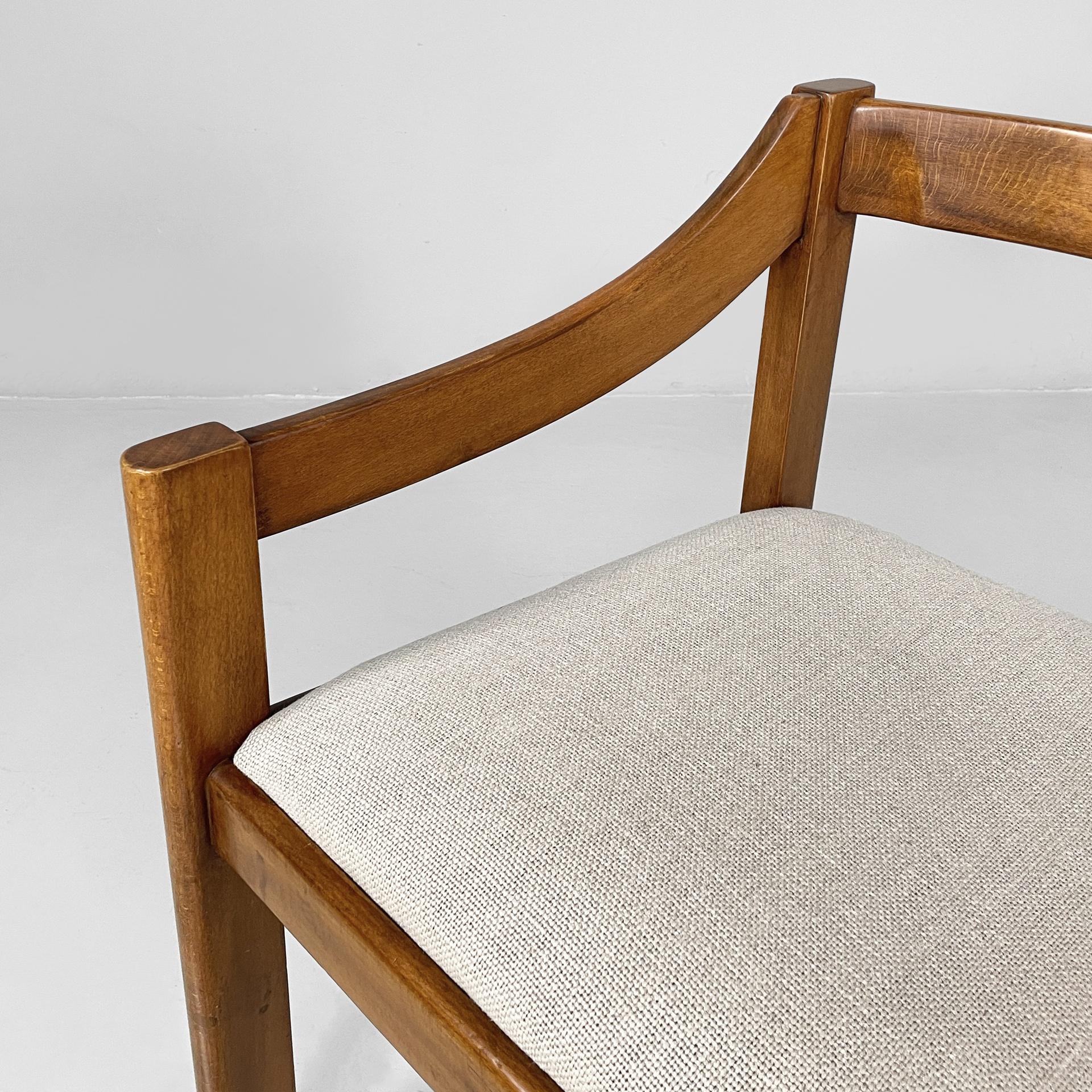 Fabric Italian modern chairs with armrest in wood and beige fabric, 1970s For Sale