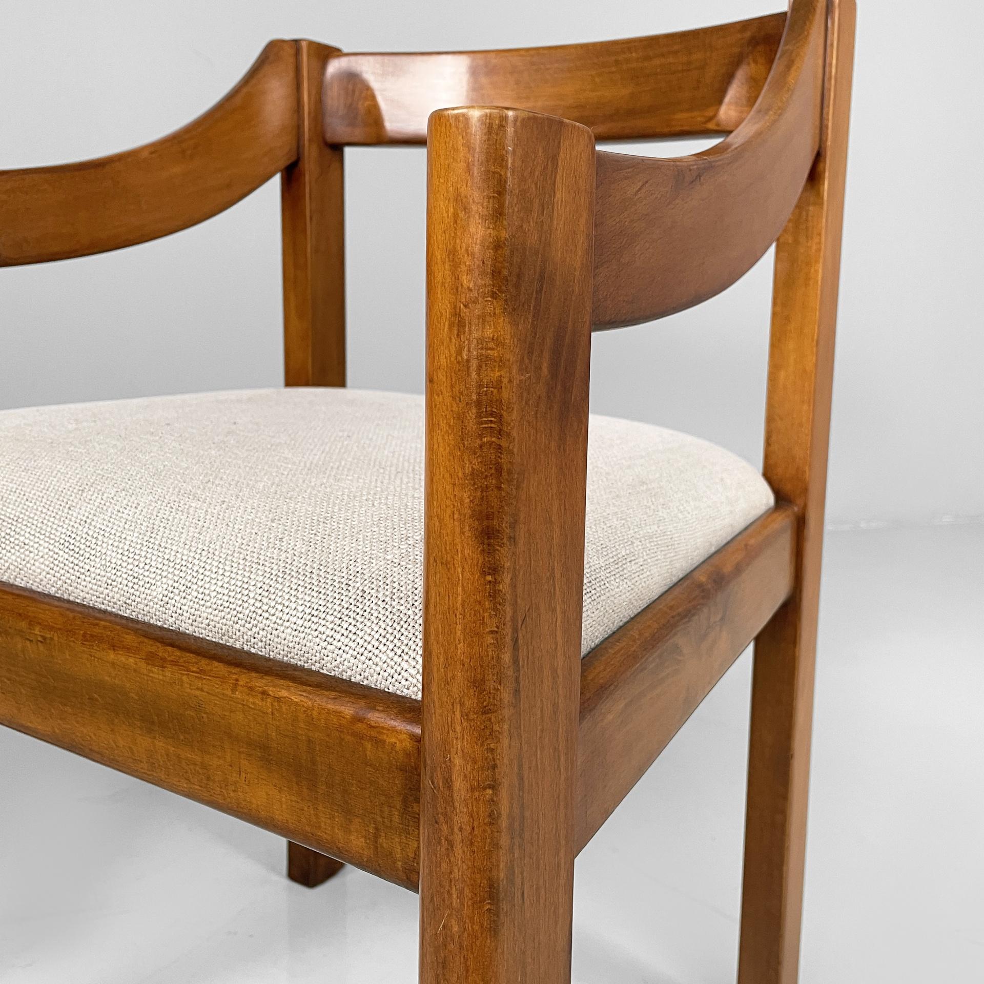 Italian modern chairs with armrest in wood and beige fabric, 1970s For Sale 1