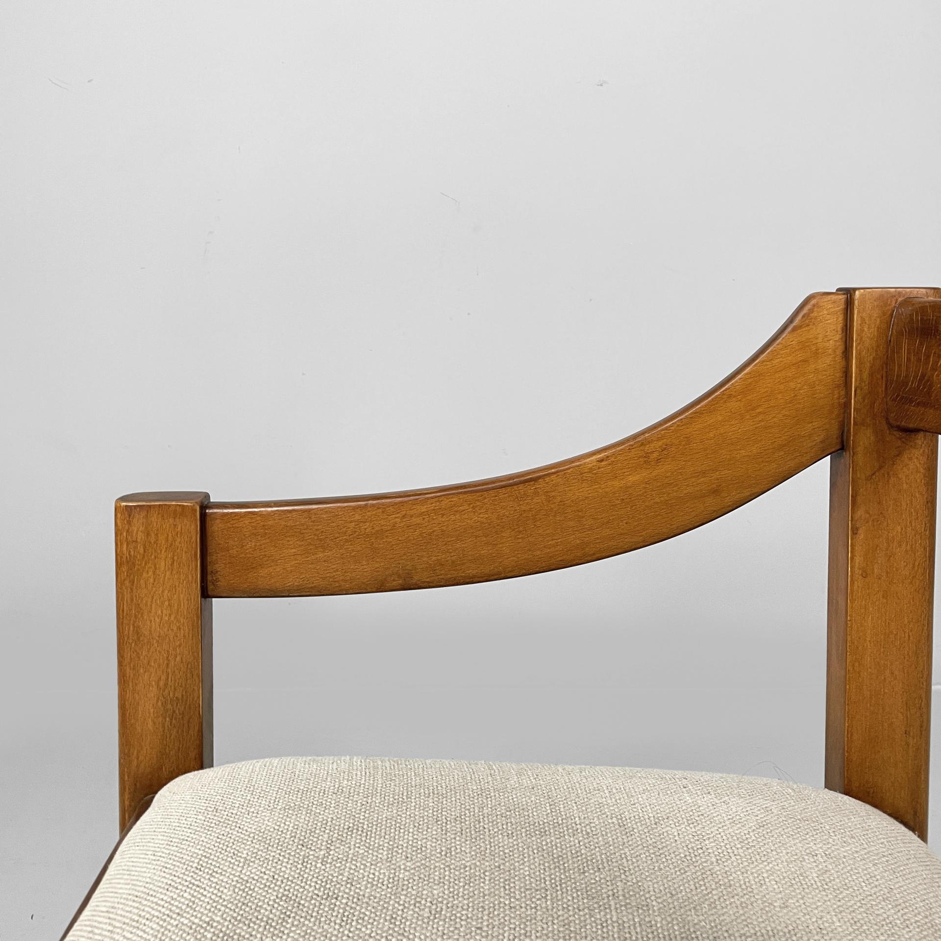 Italian modern chairs with armrest in wood and beige fabric, 1970s For Sale 2