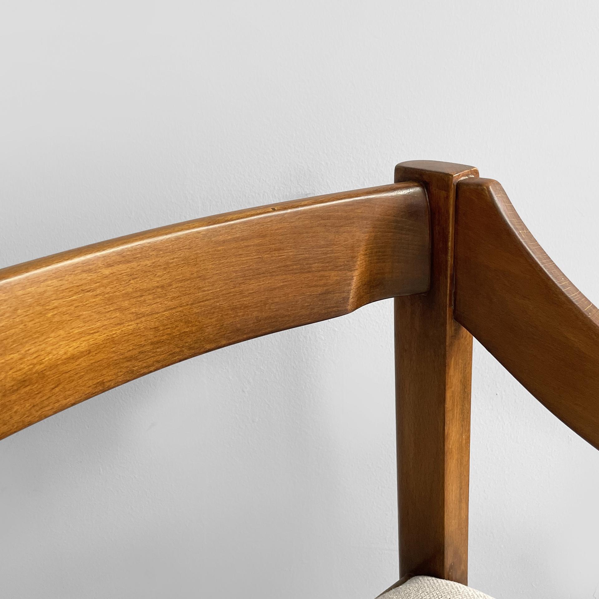 Italian modern chairs with armrest in wood and beige fabric, 1970s For Sale 3