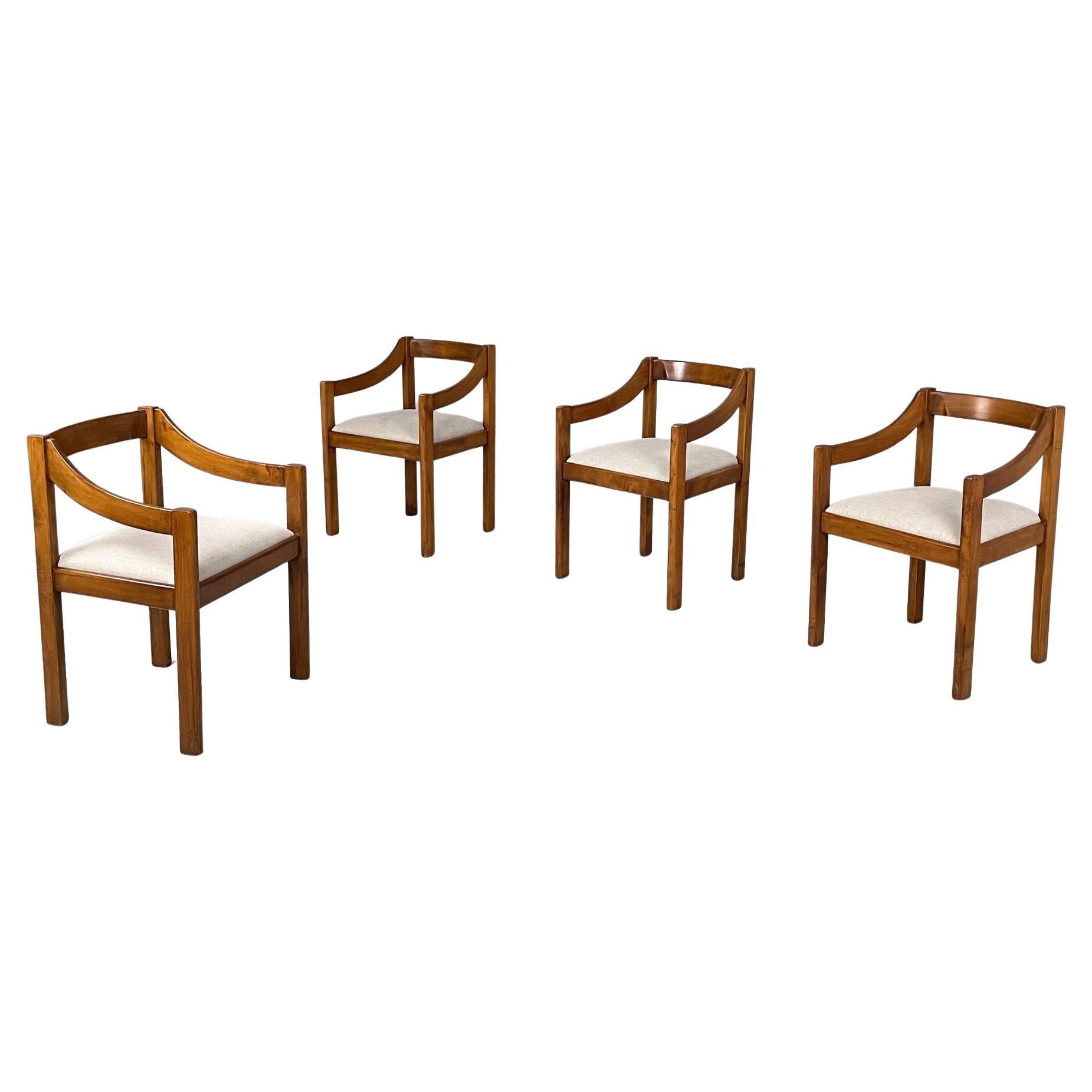Italian modern chairs with armrest in wood and beige fabric, 1970s For Sale