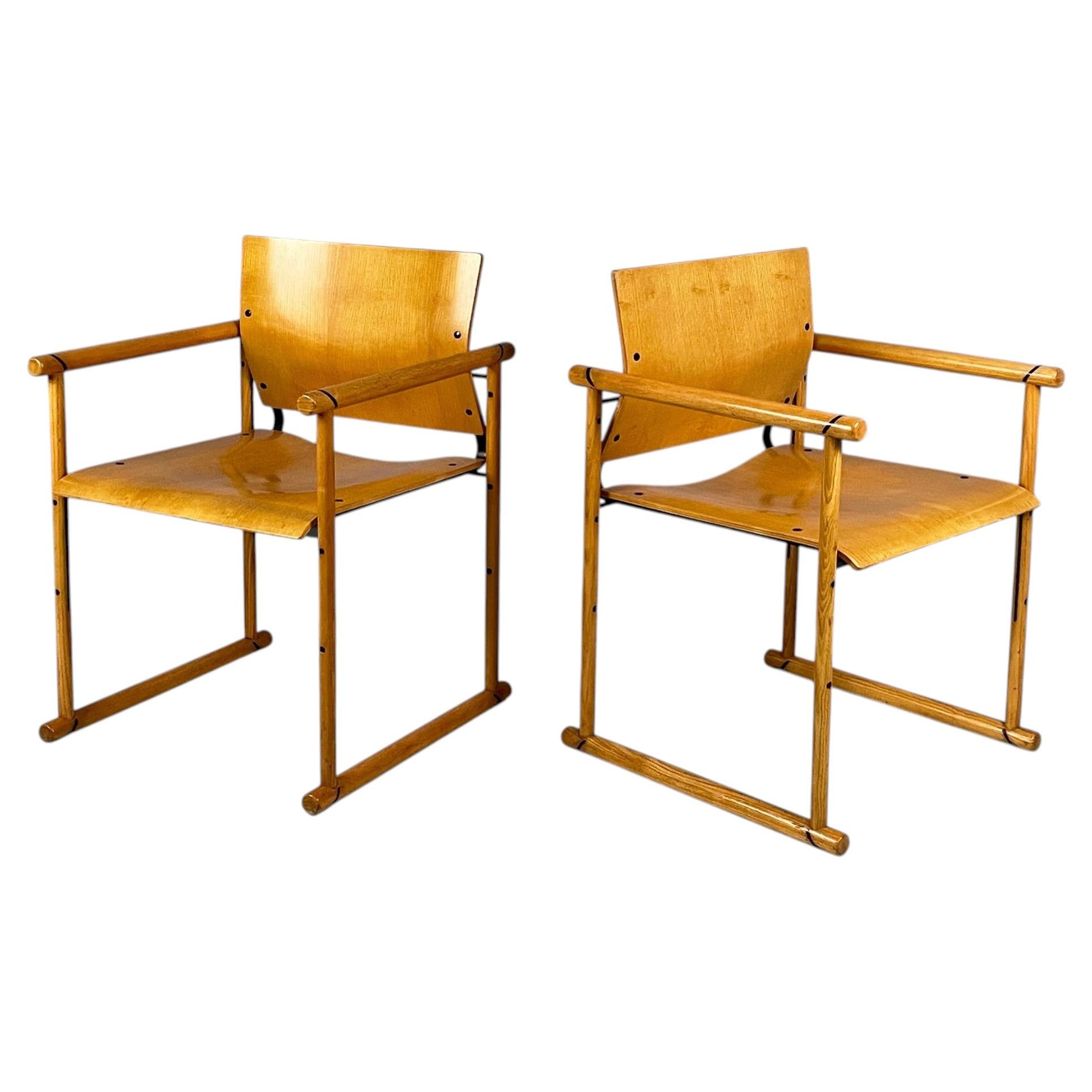 Italian modern chairs with armrests in wood and black metal, 1970s