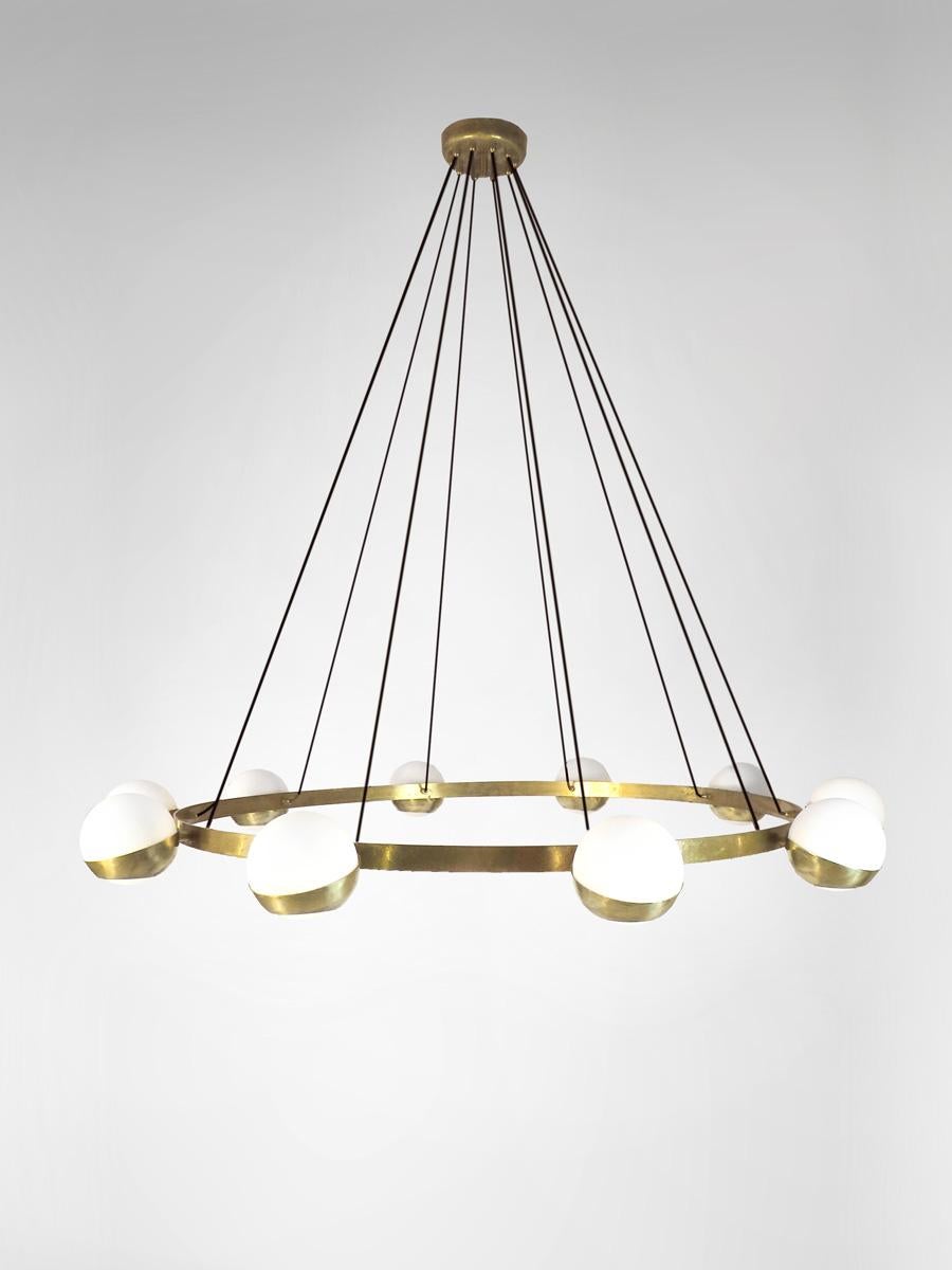Mid-Century Modern Italian Modern Chandelier in Brass and Opaline Glass by Fabio Ltd For Sale