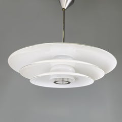 Italian modern Chandelier in opaline glass and chromed metal, 1980s
