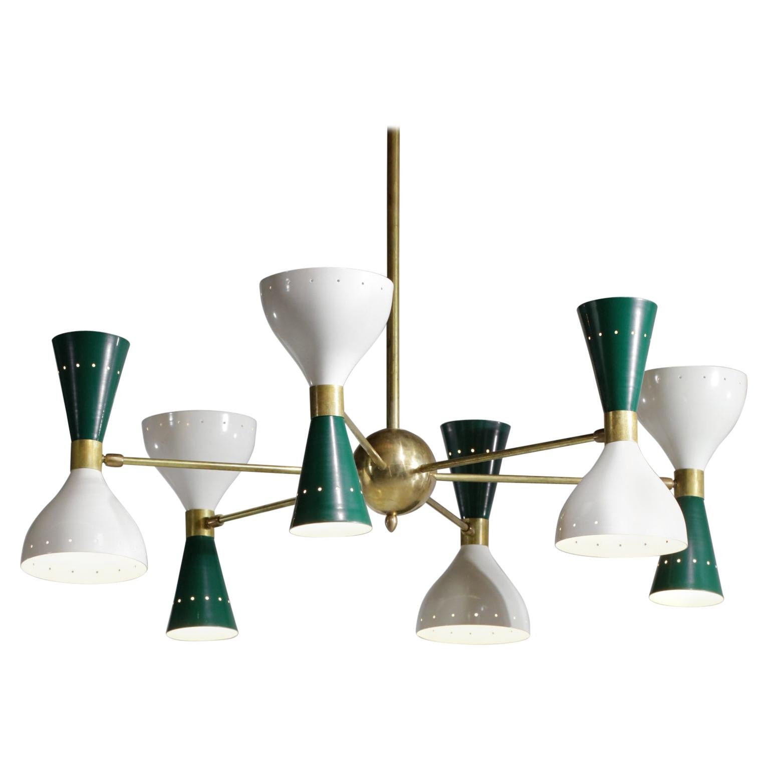 Italian Modern Chandelier "Pita" 6 Arms Green and White in Style of Stilnovo