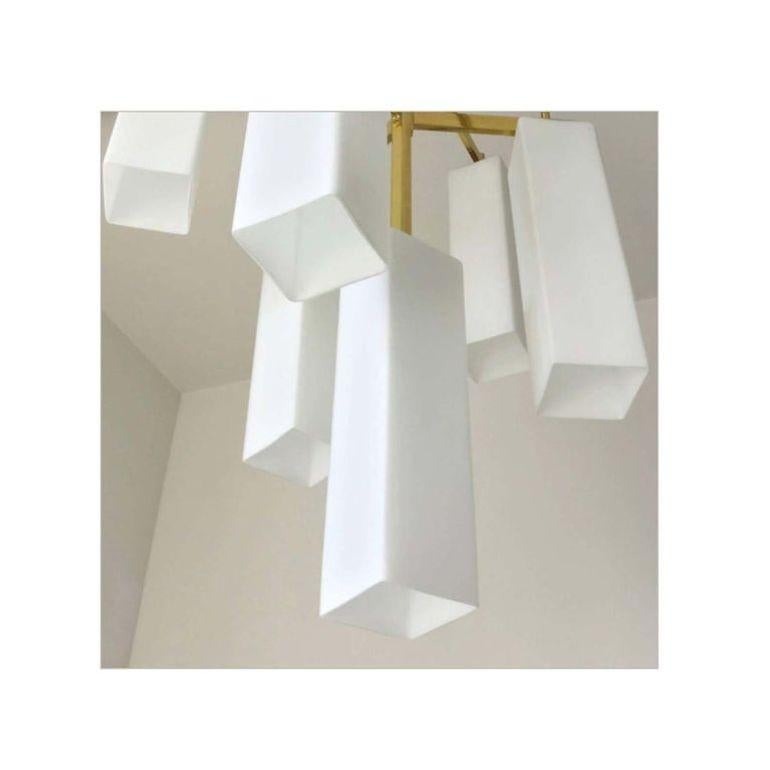Italian modern chandelier with frosted white rectangular Murano glass shades, mounted on polished brass frame / Made in Italy 2017.