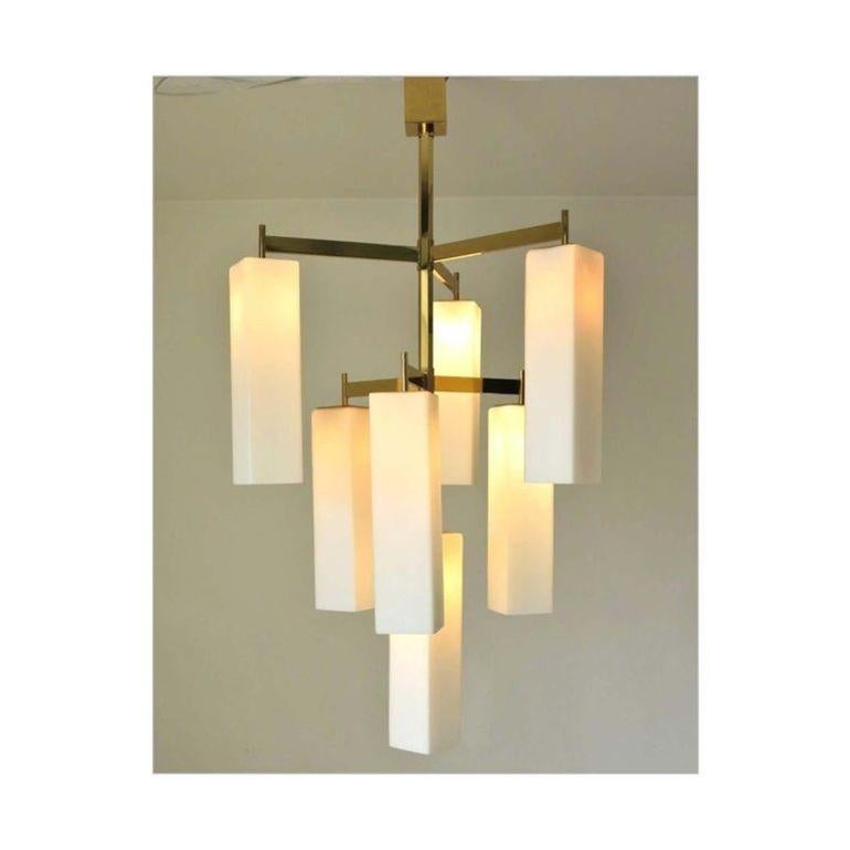 Contemporary Italian Modern Chandelier w/ Frosted White Rectangular Murano Glass, 2017 For Sale