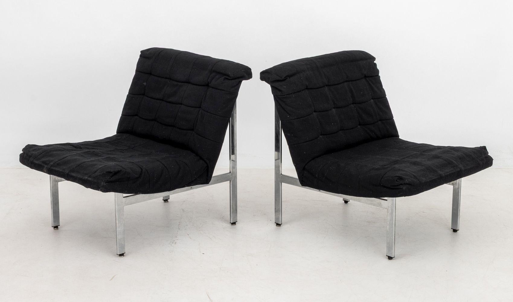 Pair of Italian Modern Chrome Lounge Chairs, with black upholstered seats on H-form chrome plated base, unmarked. 30