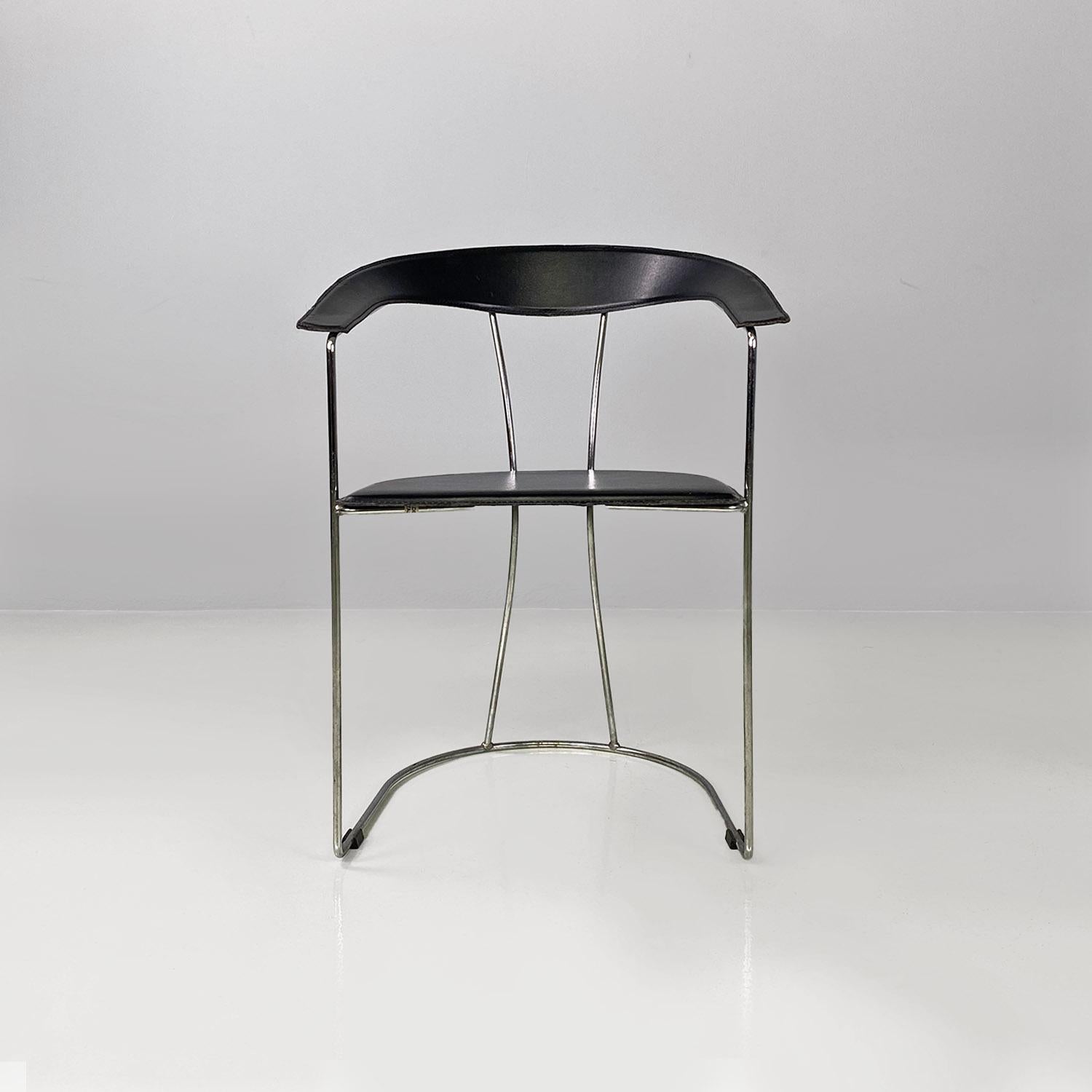 Modern Italian modern chromed metal and black leather curved shape chairs, 1980s For Sale