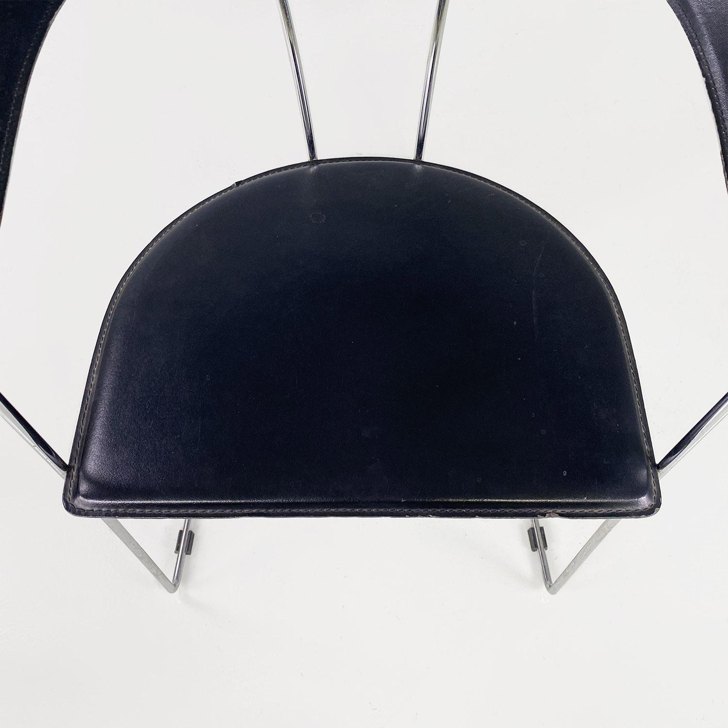 Late 20th Century Italian modern chromed metal and black leather curved shape chairs, 1980s For Sale