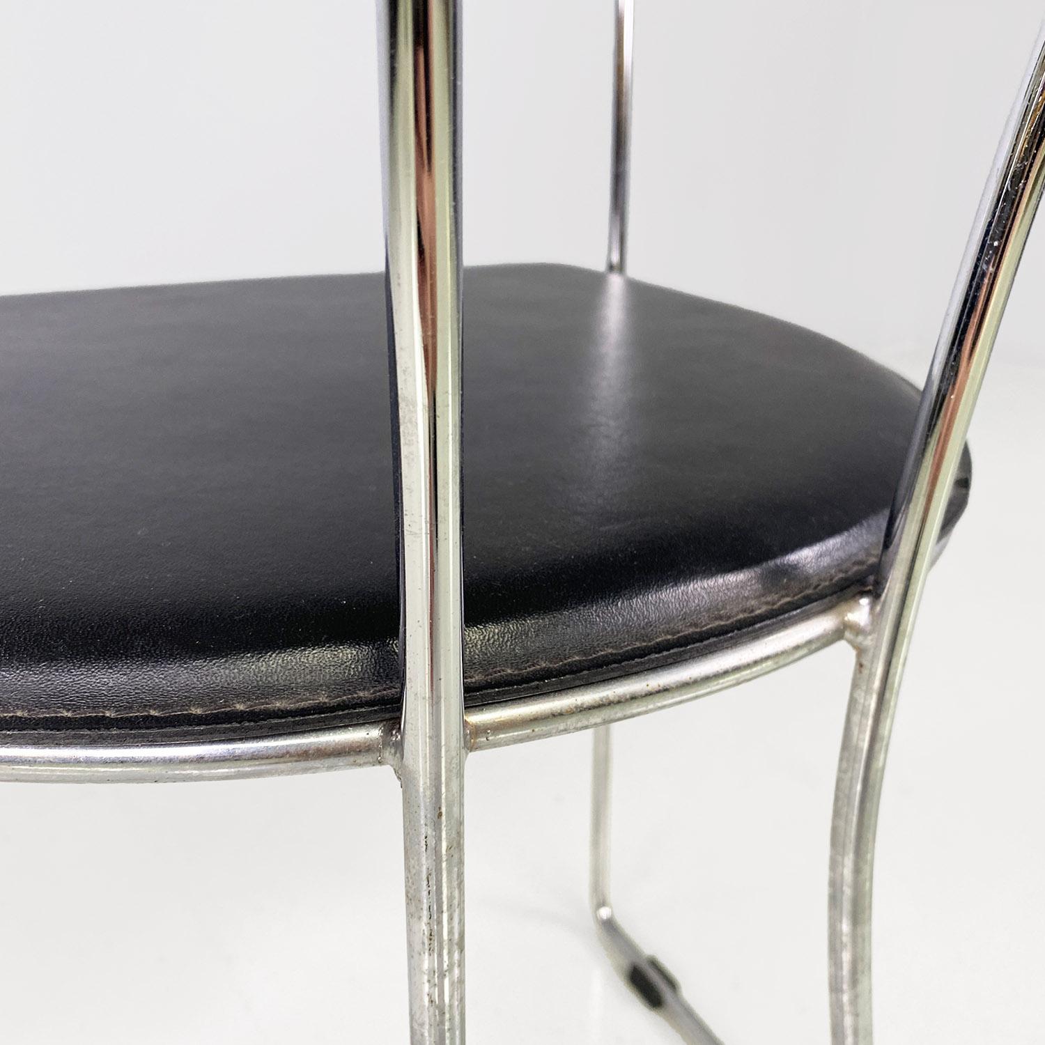 Metal Italian modern chromed metal and black leather curved shape chairs, 1980s For Sale