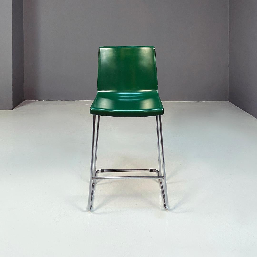 Metal Italian modern chromed metal and green wood high stools, 1980s