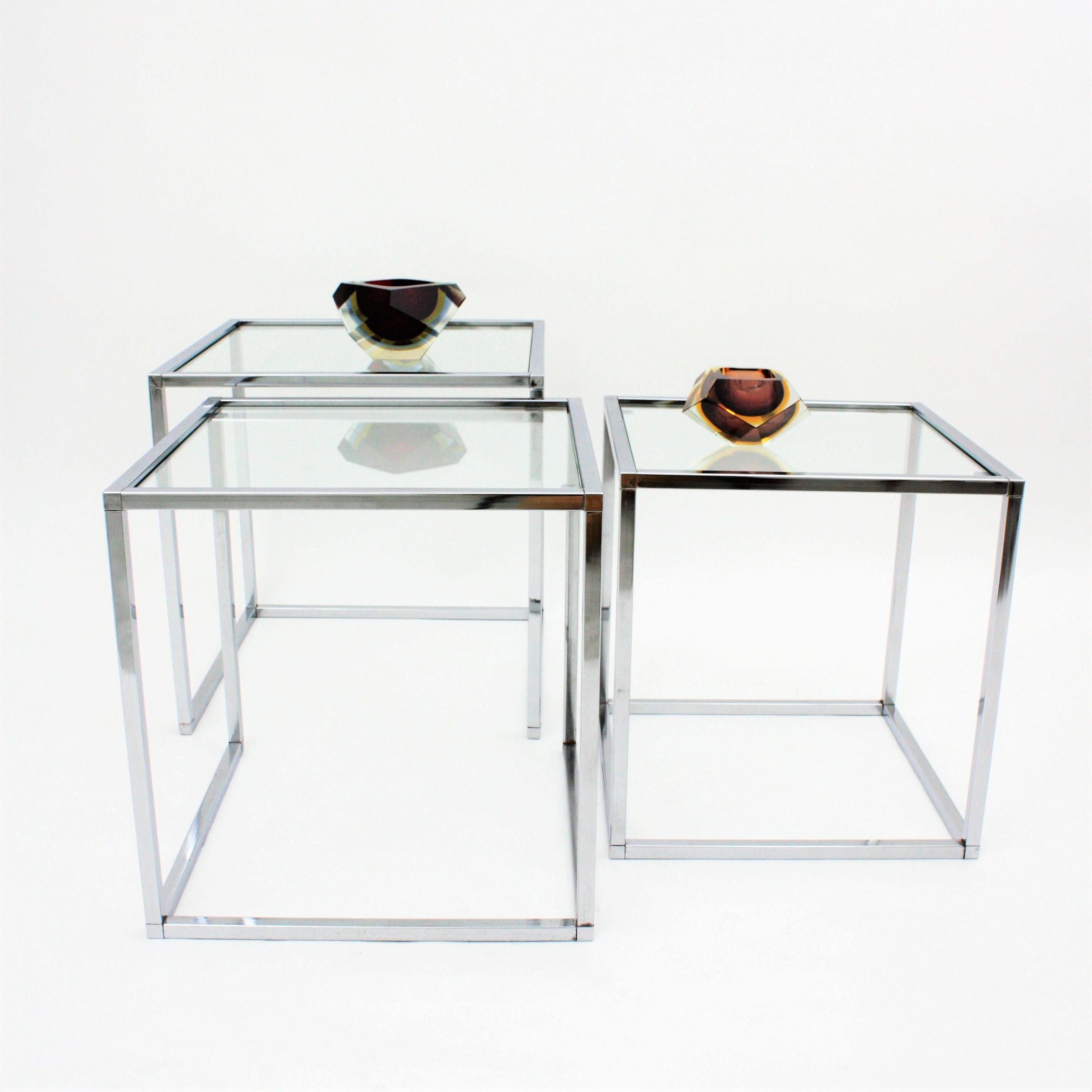 Mid-Century Modern Italian Nesting Tables in Chromed Steel and Glass