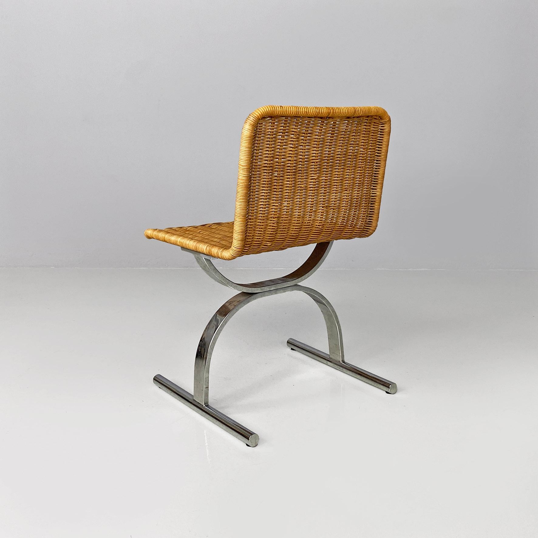 Italienische moderne Stühle aus verchromtem Stahl und Rattan, 1970er Jahre (Italian) im Angebot