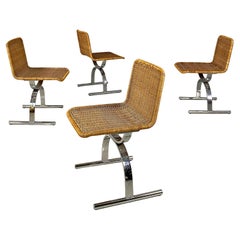 Chaises modernes italiennes en acier chromé et en rotin, 1970