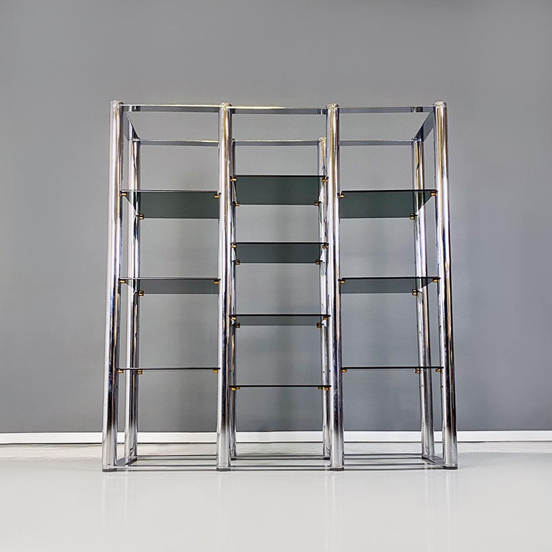 Late 20th Century Italian Modern Chromed Steel and Smoked Glass Self Supporting Bookcase, 1970s For Sale