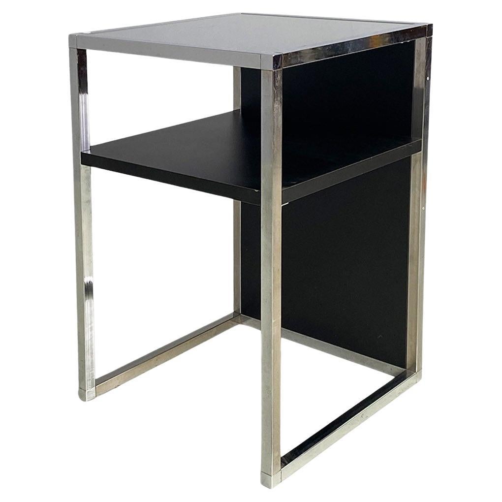 Italian modern chromed steel, wood and glass table for stereo and vinyls, 1990s For Sale