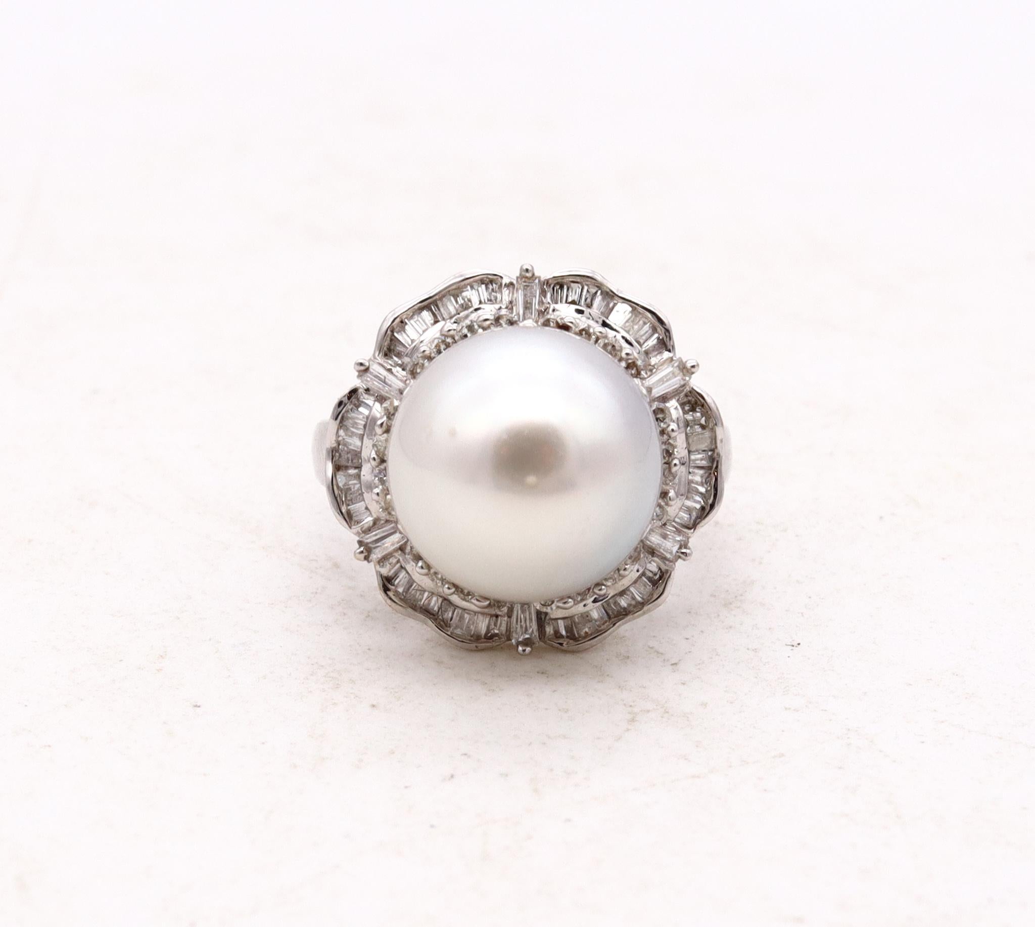 Italian Modern Classic Cocktail Ring In 18Kt Gold 1.21 Cts Diamonds White Pearl For Sale 2