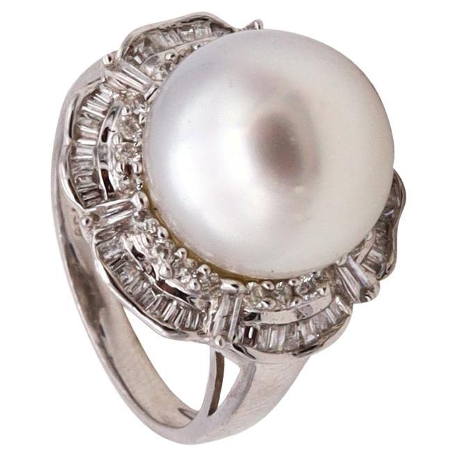 Italian Modern Classic Cocktail Ring In 18Kt Gold 1.21 Cts Diamonds White Pearl For Sale