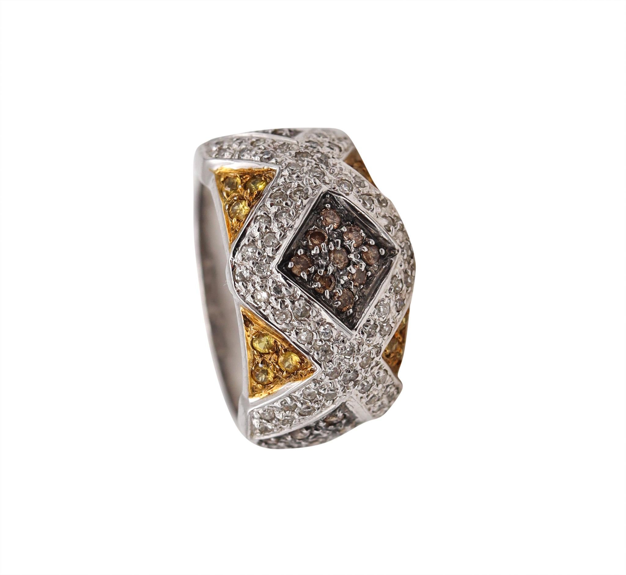 Classic ring with color diamonds.

Beautiful contemporary colorful ring, crafted in Italy in solid white gold of 14 karats, with high polished finish and mounted in full, with a beautiful pave setting composed by 105 round brilliant cut diamonds.