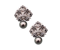 Italian Modern Cluster Earring 18Kt Gold 6.90 Cts in Diamonds & Tahitian Pearls