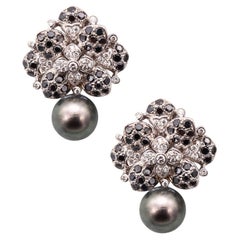 Italian Modern Cluster Earring 18Kt Gold 6.90 Cts in Diamonds & Tahitian Pearls