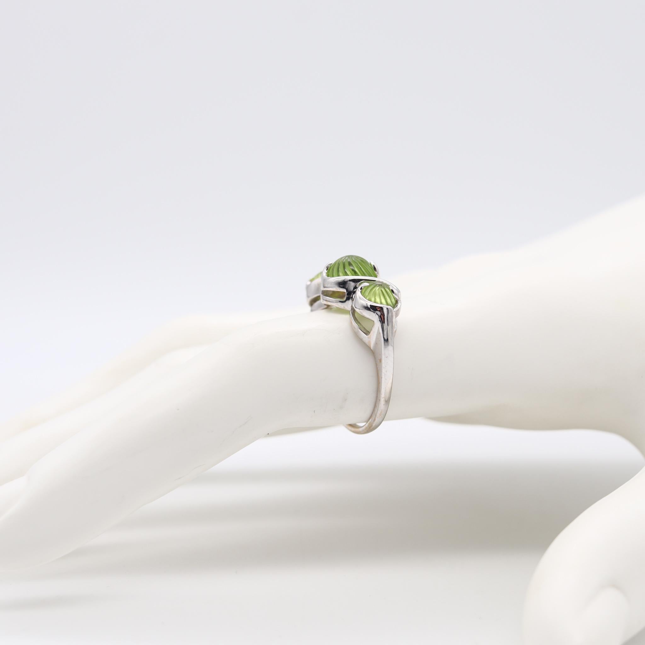 Italian Modern Cocktail Ring In 14Kt Gold With 4 Cts In Fluted Carved Peridots In Excellent Condition For Sale In Miami, FL