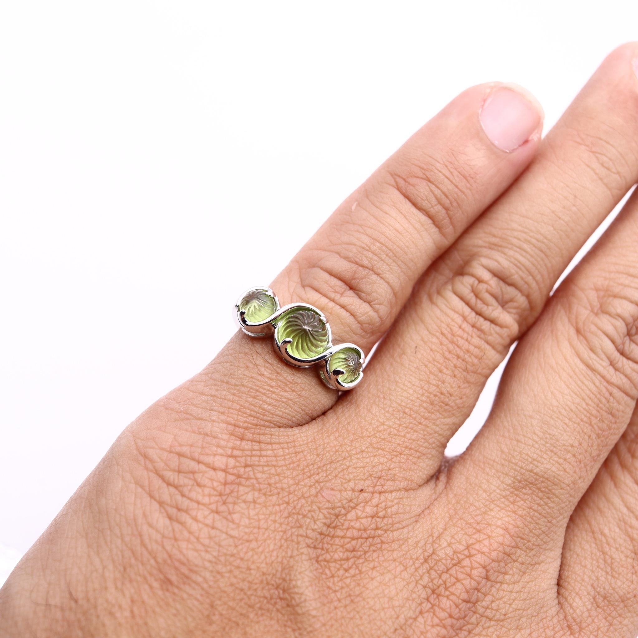 Women's Italian Modern Cocktail Ring In 14Kt Gold With 4 Cts In Fluted Carved Peridots For Sale