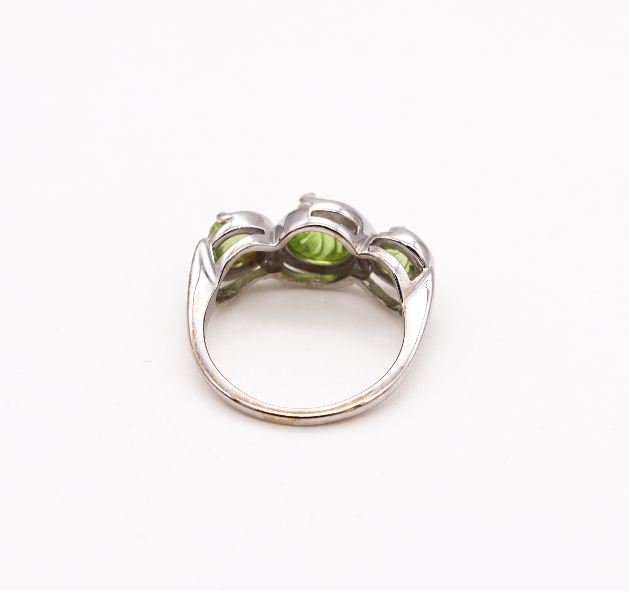 Italian Modern Cocktail Ring In 14Kt Gold With 4 Cts In Fluted Carved Peridots For Sale 1