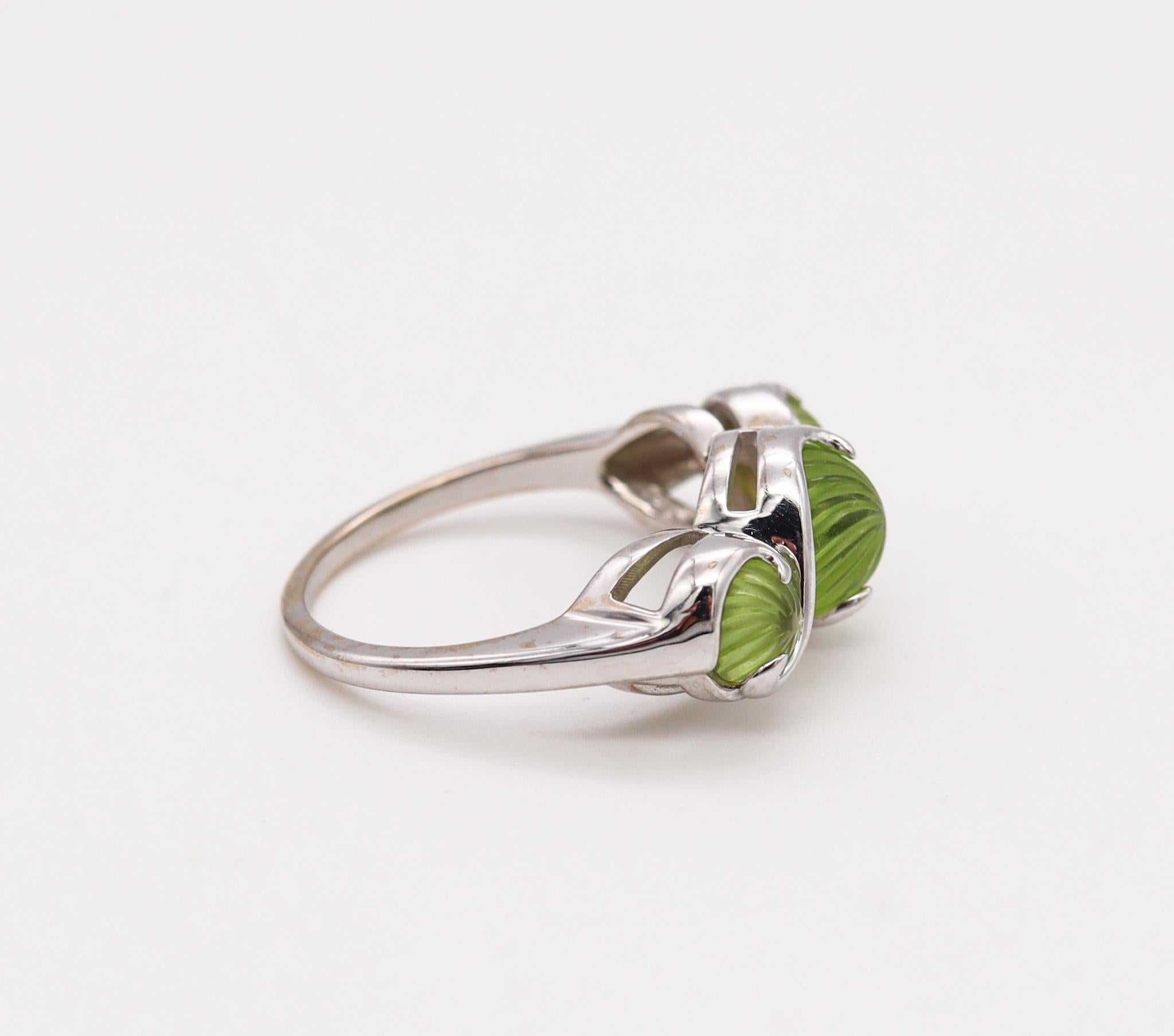 Italian Modern Cocktail Ring In 14Kt Gold With 4 Cts In Fluted Carved Peridots For Sale 2