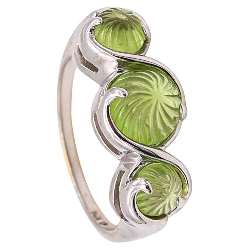 Italian Modern Cocktail Ring In 14Kt Gold With 4 Cts In Fluted Carved Peridots For Sale