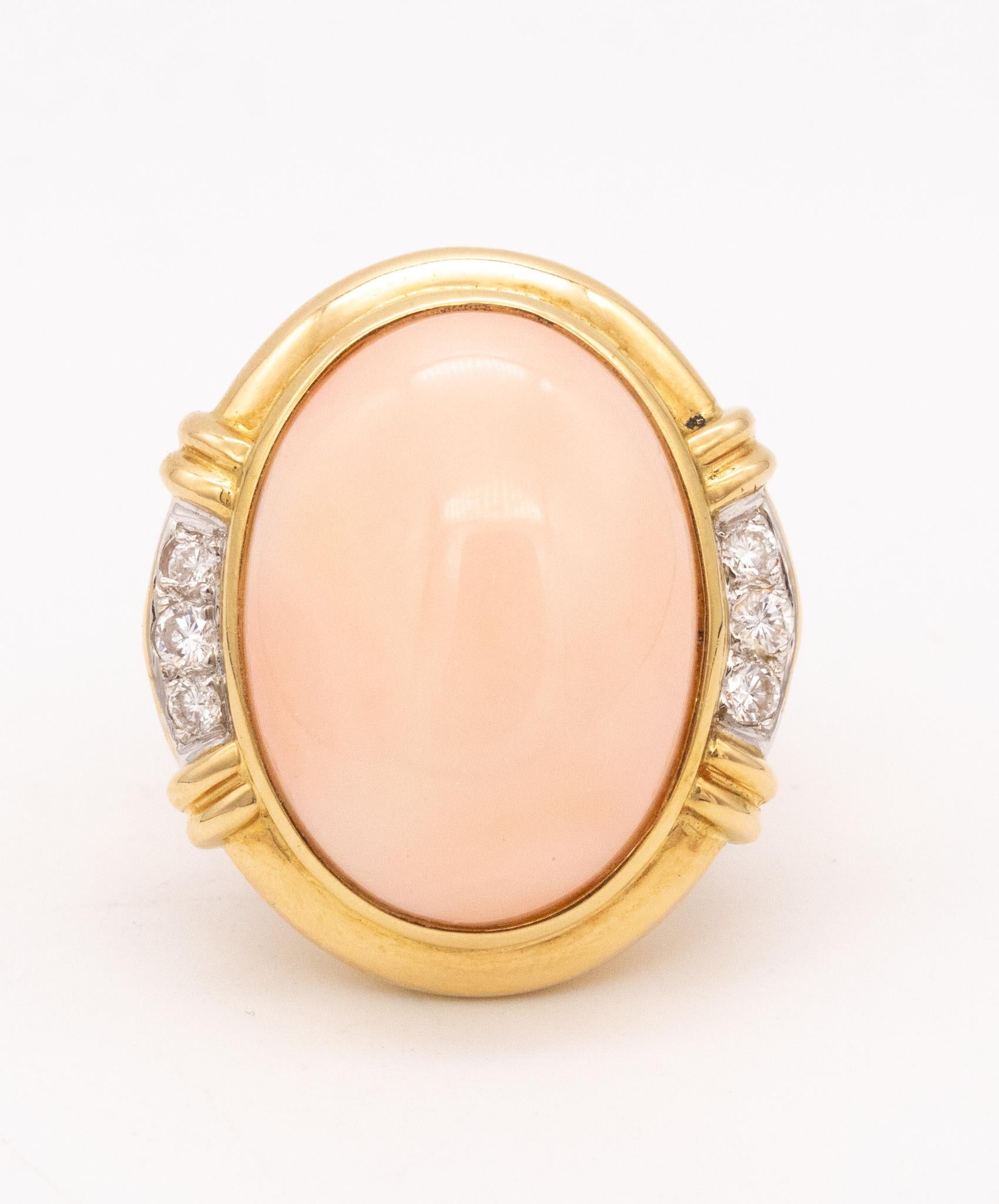 Women's Italian Modern Cocktail Ring in 18kt Gold with 25.54 Cts Diamonds and Pink Coral For Sale