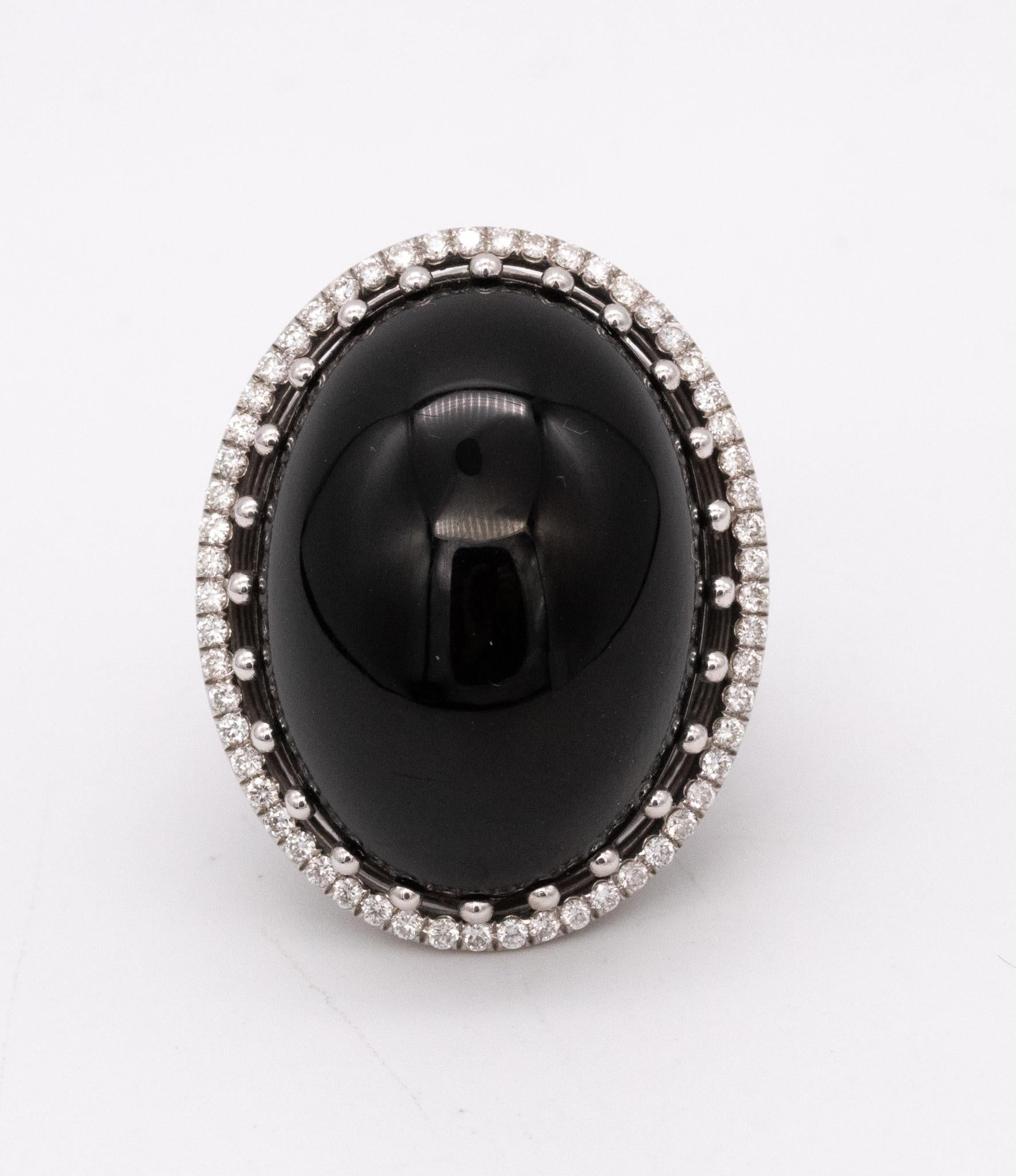 Italian Modern Cocktail Ring In 18Kt White Gold With 51.57 Cts  VS Diamonds Onyx For Sale 4