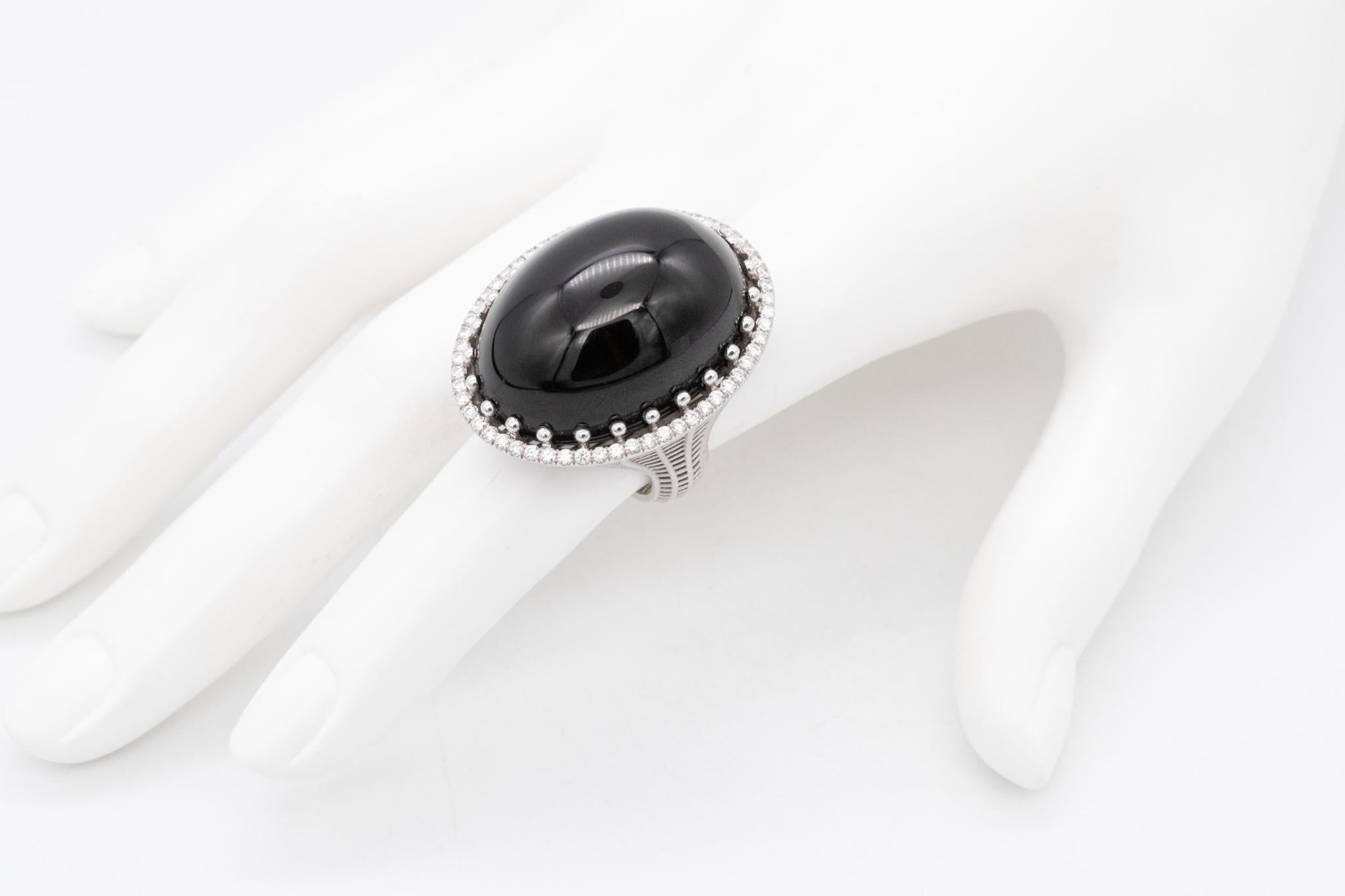 Contemporary Italian Modern Cocktail Ring In 18Kt White Gold With 51.57 Cts  VS Diamonds Onyx For Sale