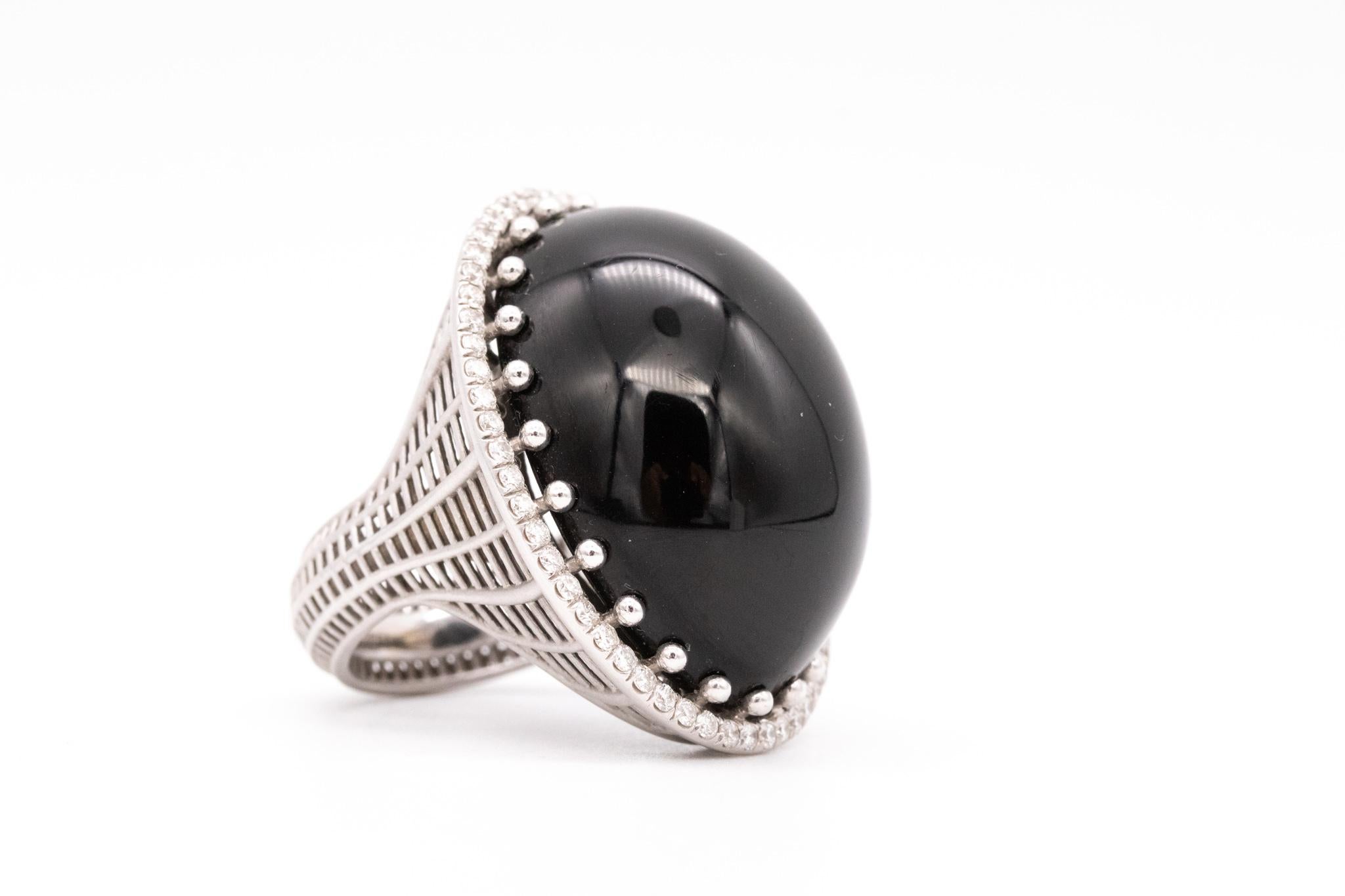 Italian Modern Cocktail Ring In 18Kt White Gold With 51.57 Cts  VS Diamonds Onyx For Sale 3