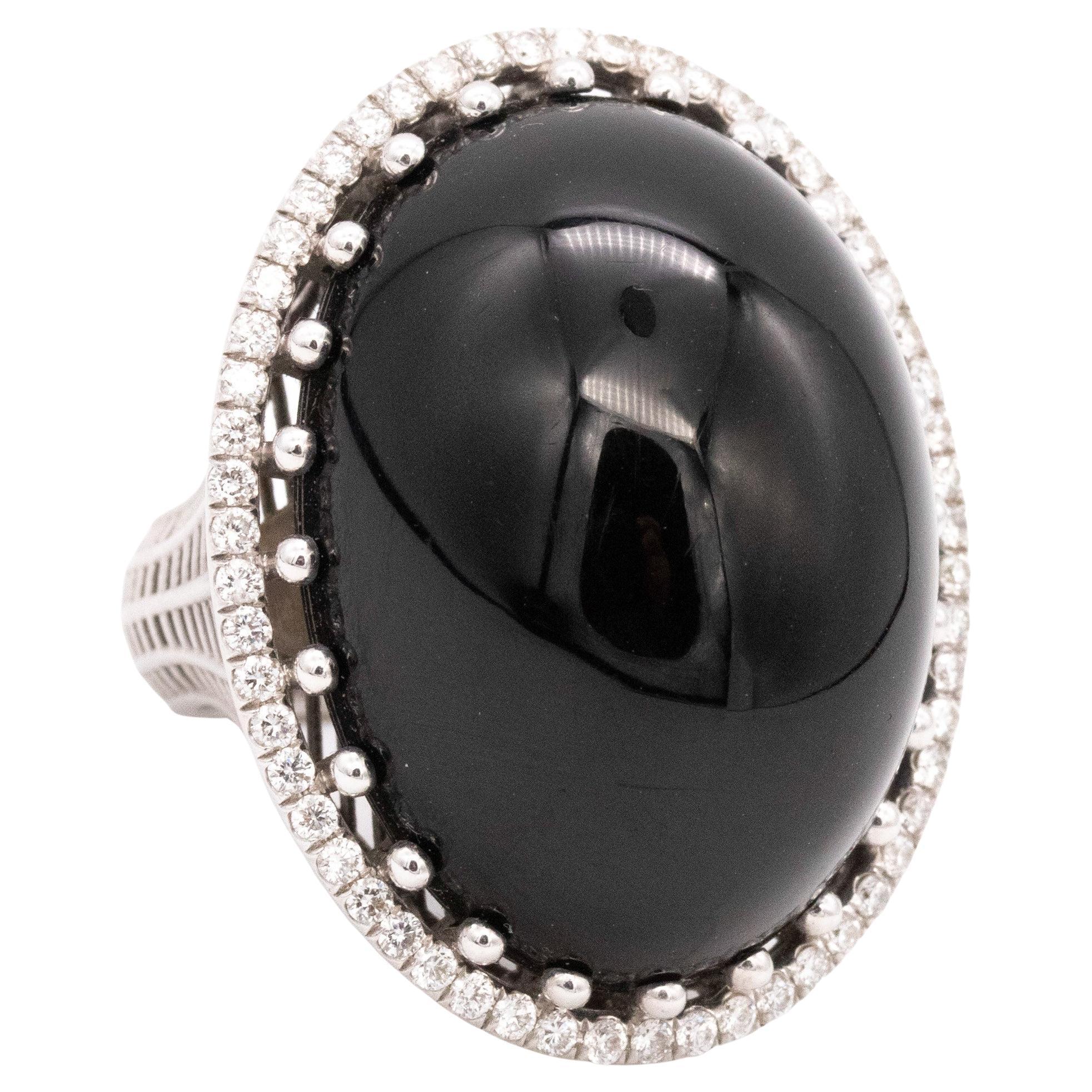 Italian Modern Cocktail Ring In 18Kt White Gold With 51.57 Cts  VS Diamonds Onyx For Sale