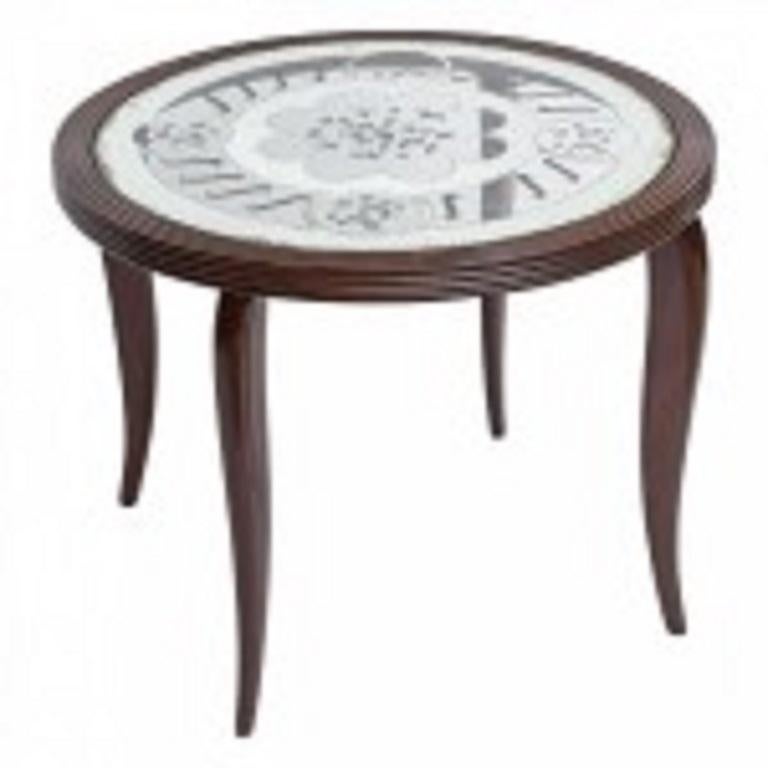 Italian Mid-Century Modern round rosewood coffee / cocktail table with a fluted edge and an inset etched glass top (PAOLO BUFFA, 1950's)