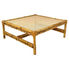 Italian modern coffe table with Vienna straw top and rattan structure, 1970s